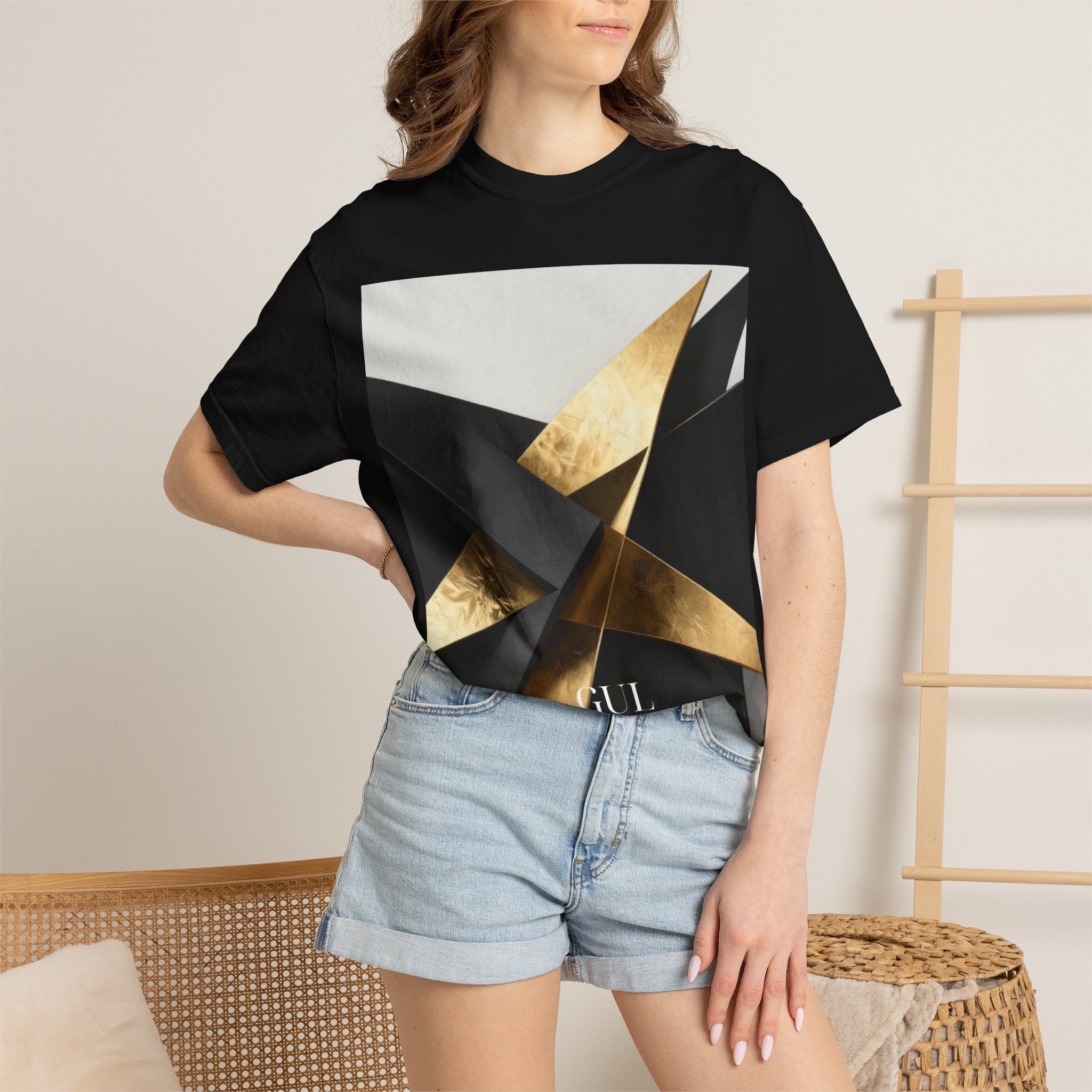 Graphic T-Shirt — Modern Gold Abstract & Mountain Photo Print
