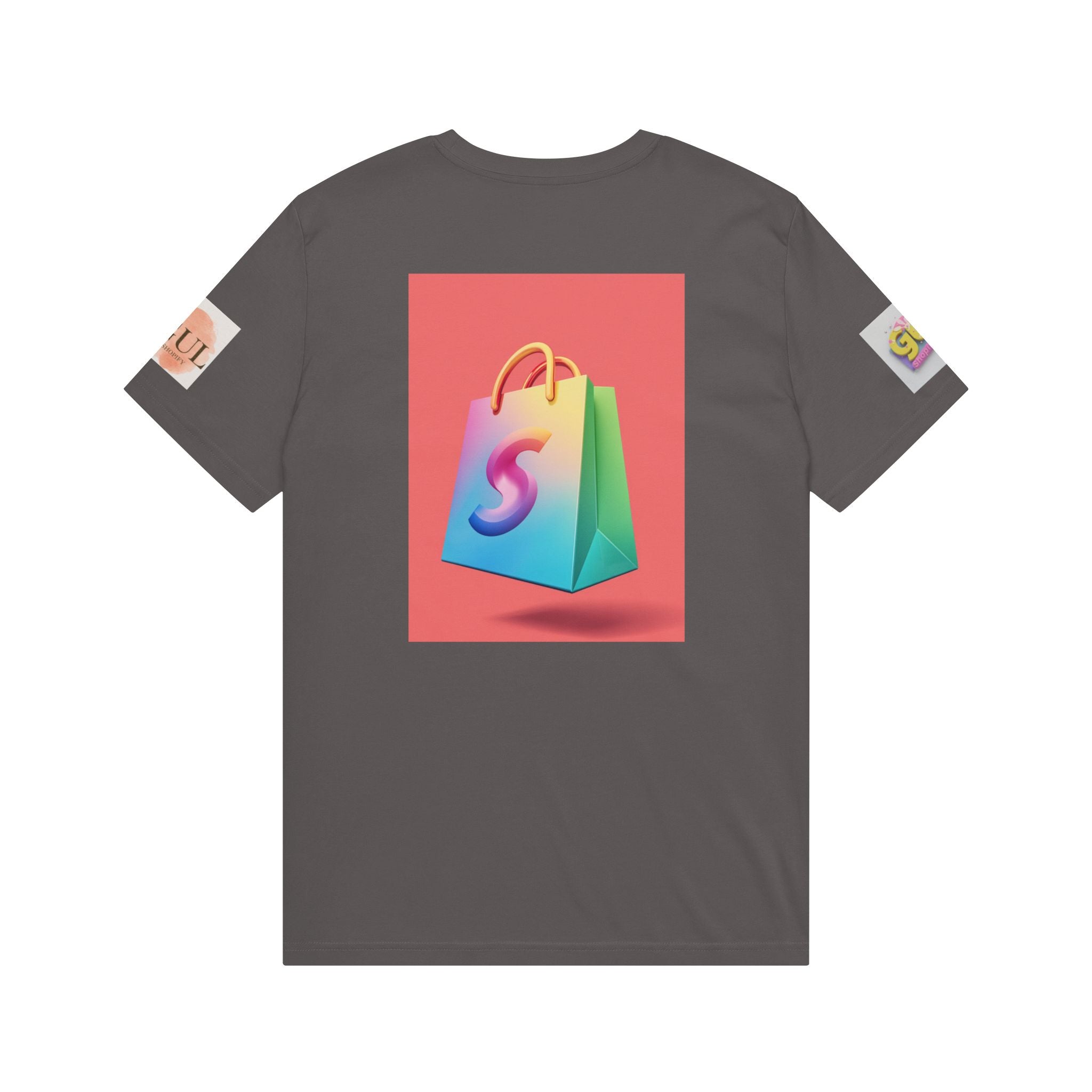 Neon Shop Icon T-Shirt — Colorful Gradient Shopping Bag Design