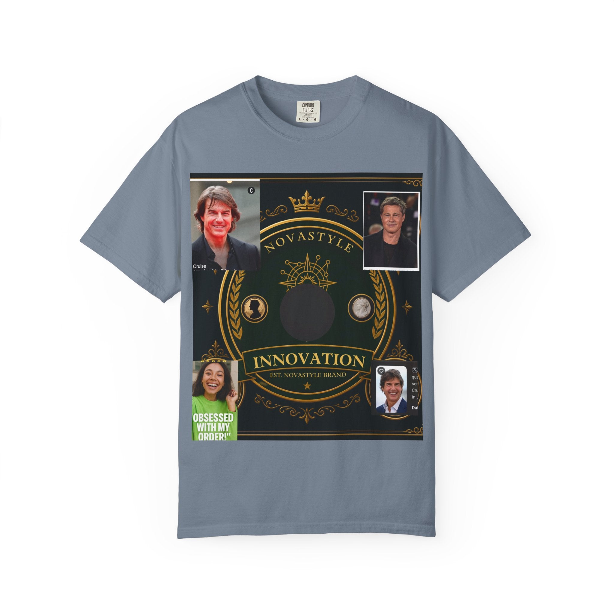 Innovation Crest T-Shirt — Vintage Emblem Tee with Portrait Collage