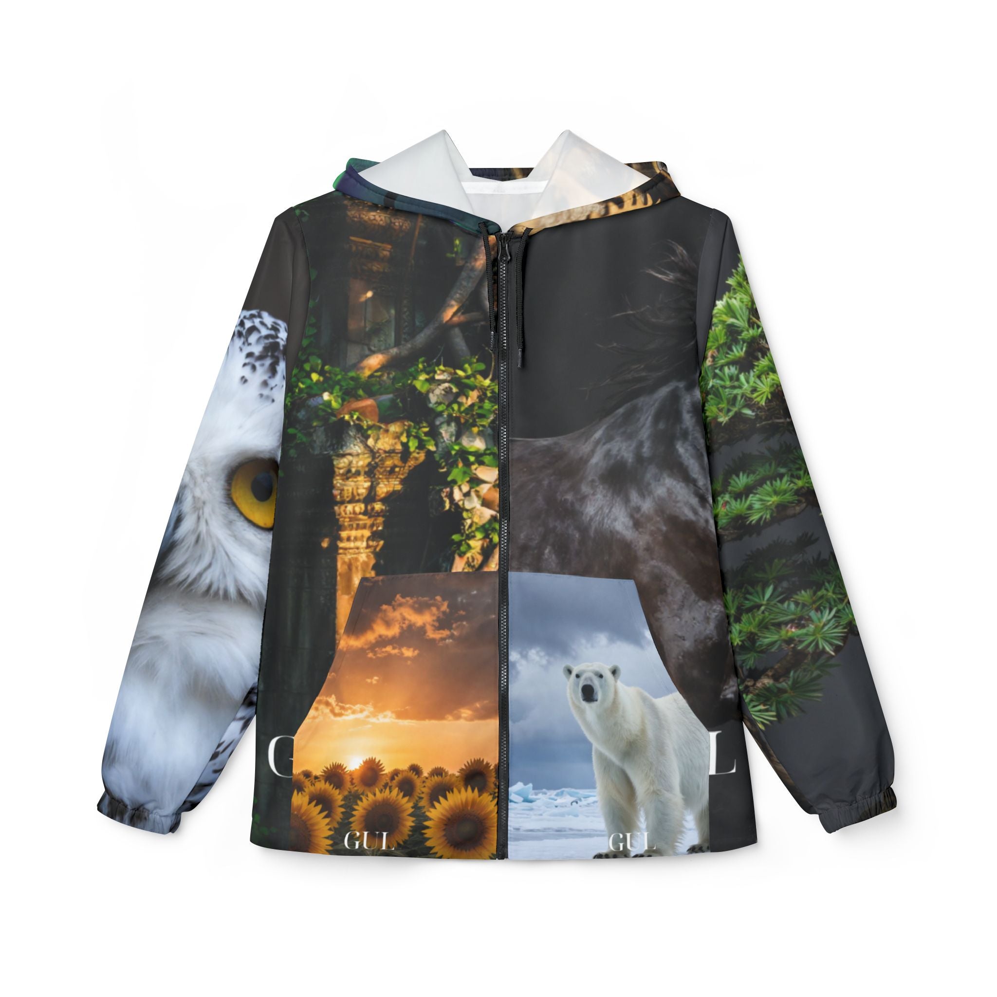 Nature Montage Windbreaker Jacket – Owl, Polar Bear & Volcano All-Over Print