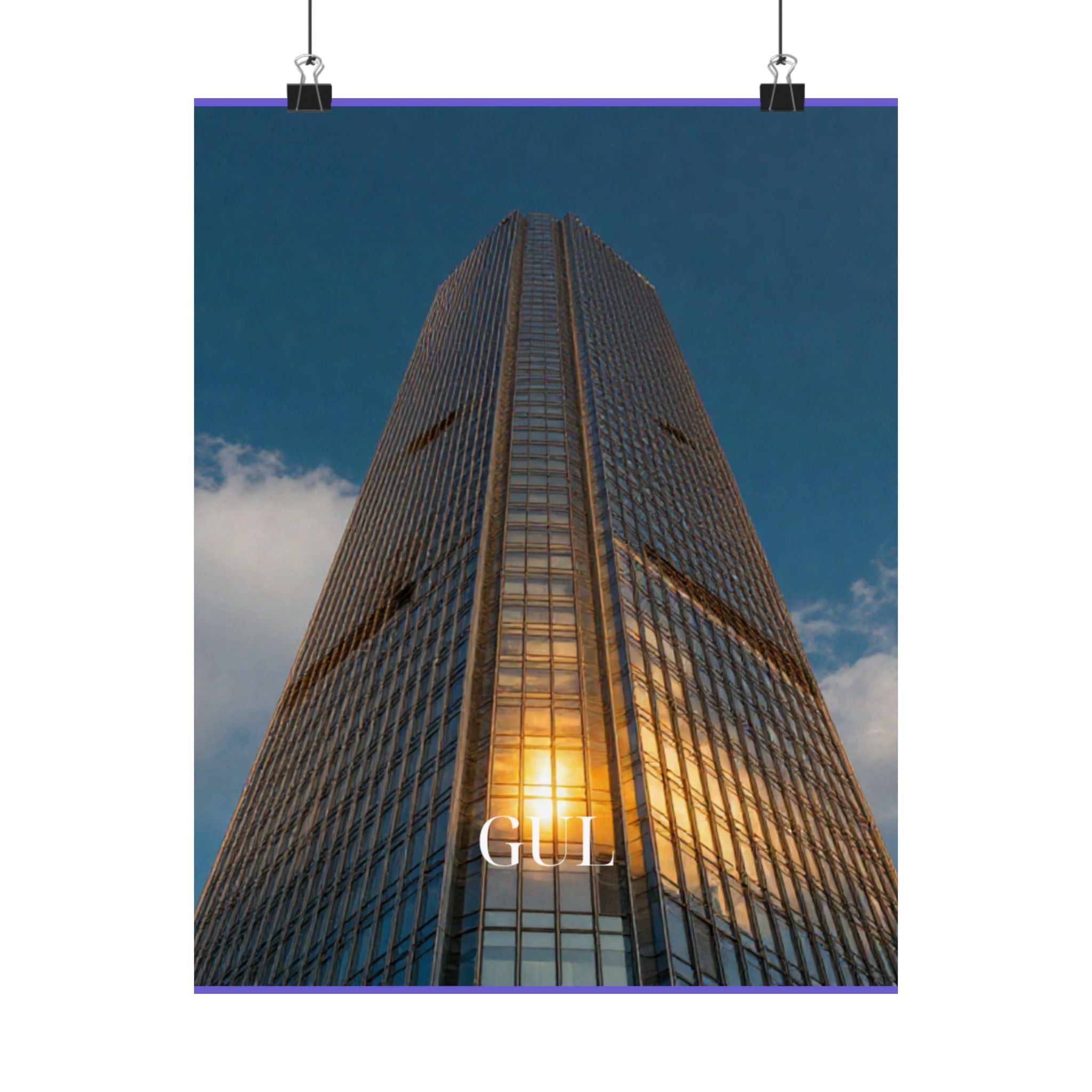 Skyscraper Sunset Matte Vertical Poster — Modern Architectural Wall Art ("GLL" Accent)
