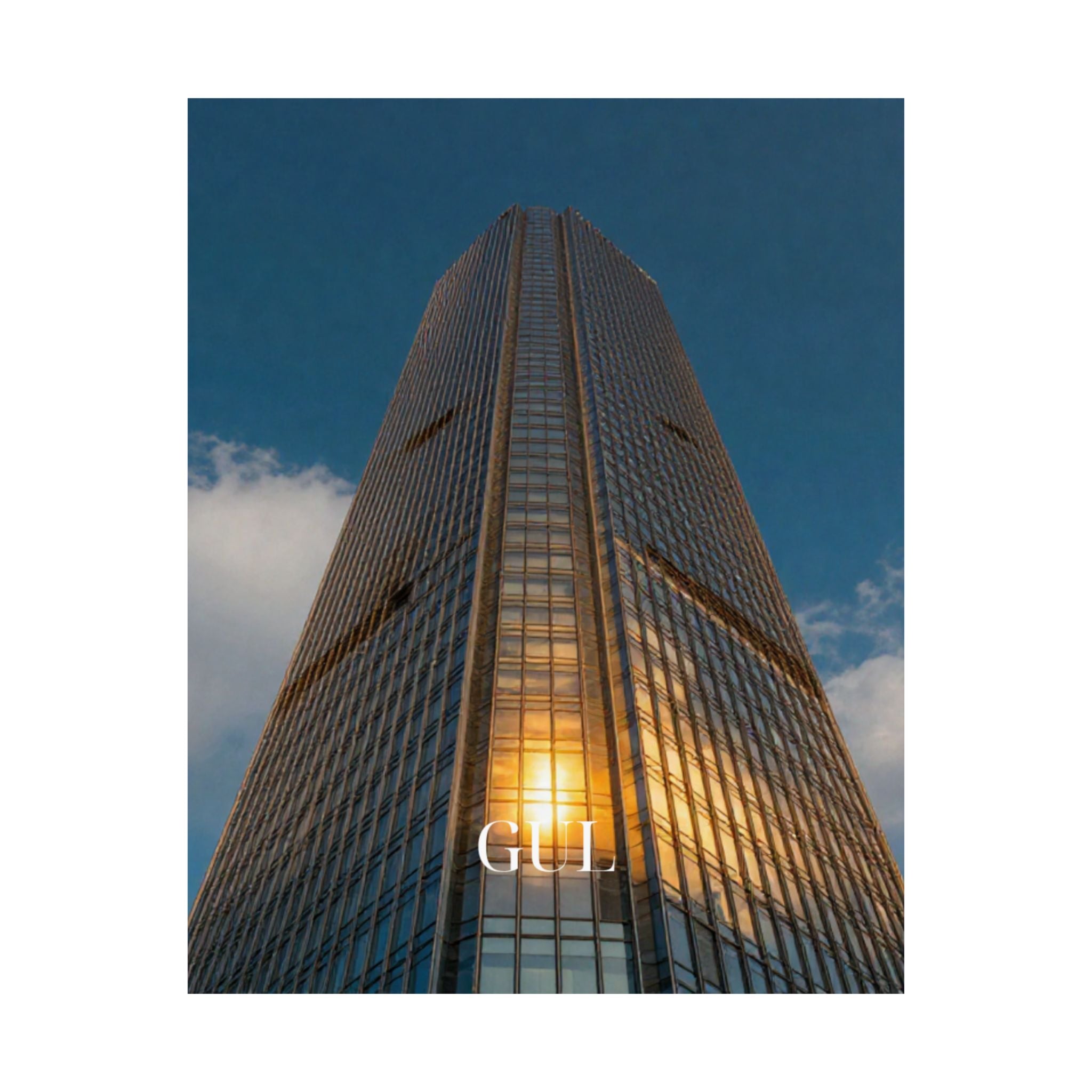 Skyscraper Sunset Matte Vertical Poster — Modern Architectural Wall Art ("GLL" Accent)