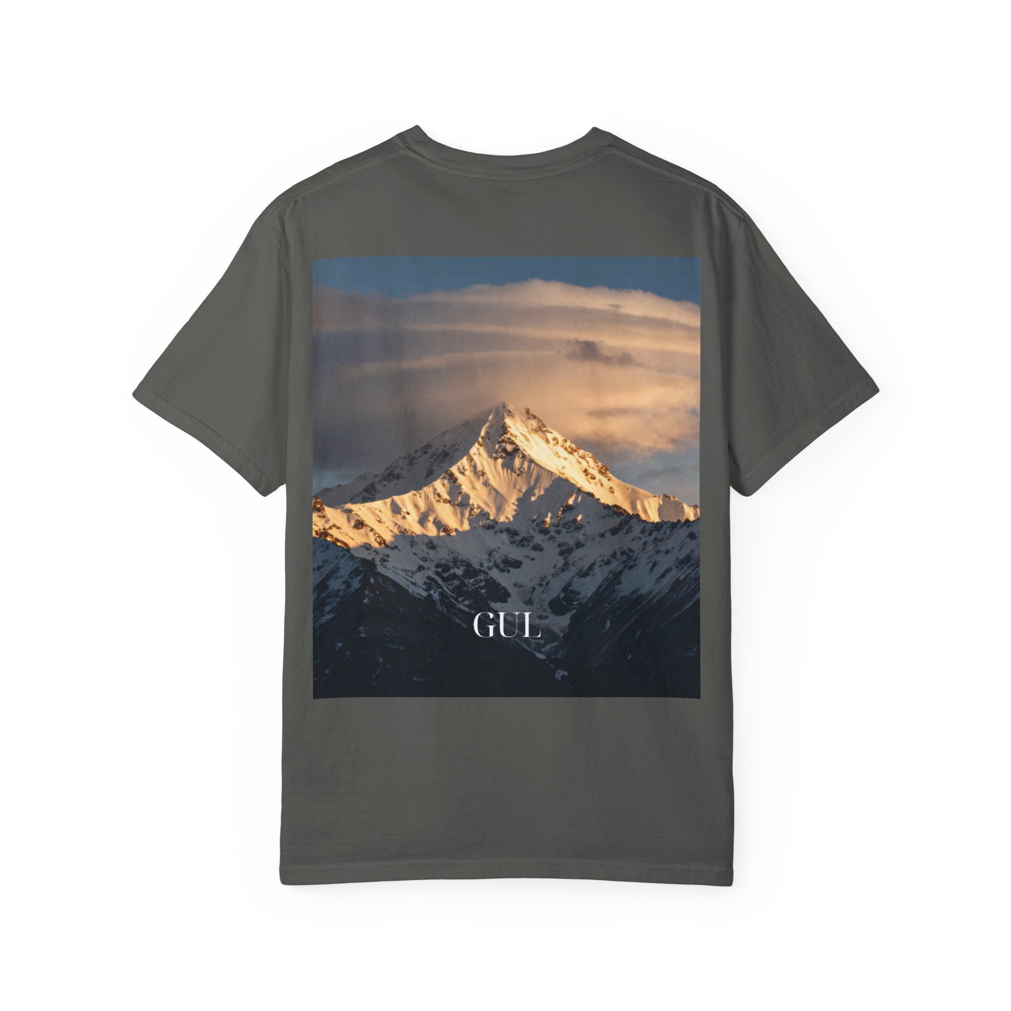 Graphic T-Shirt — Modern Gold Abstract & Mountain Photo Print