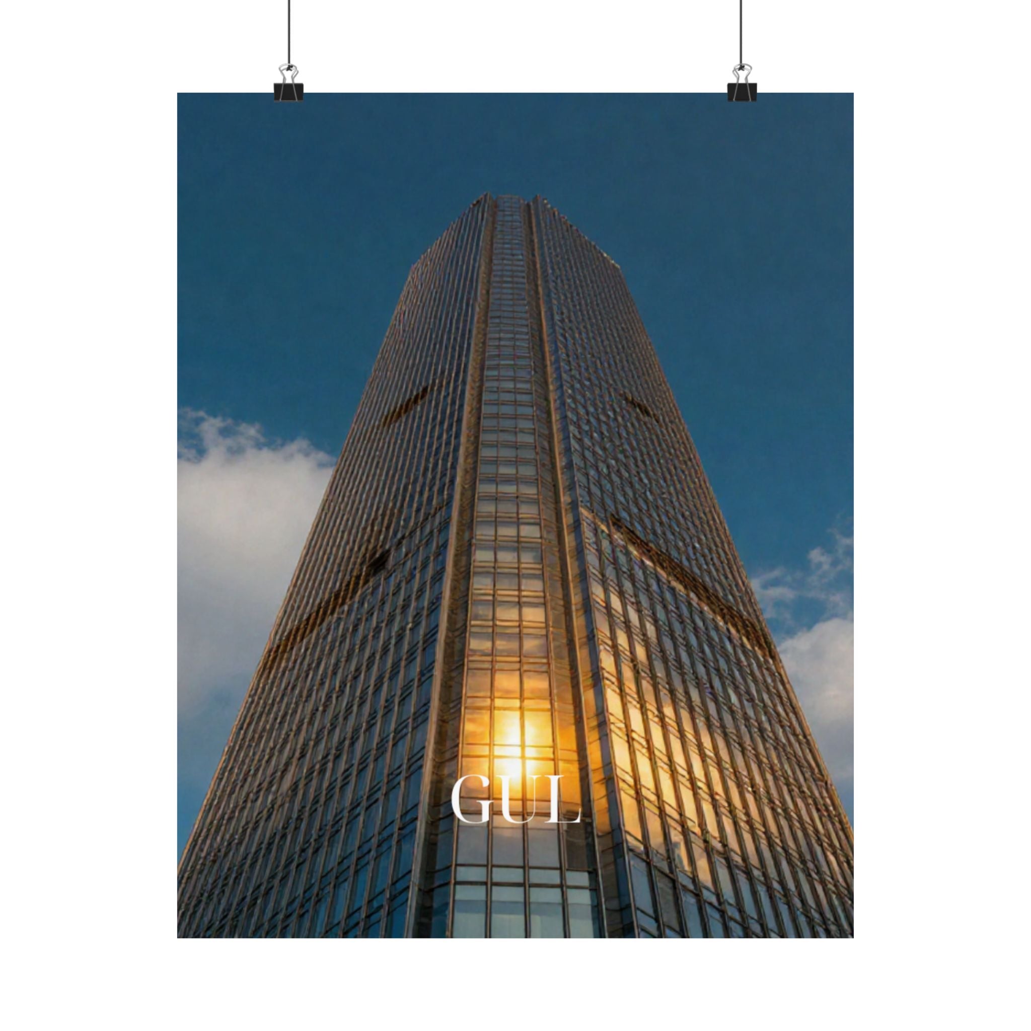 Skyscraper Sunset Matte Vertical Poster — Modern Architectural Wall Art ("GLL" Accent)