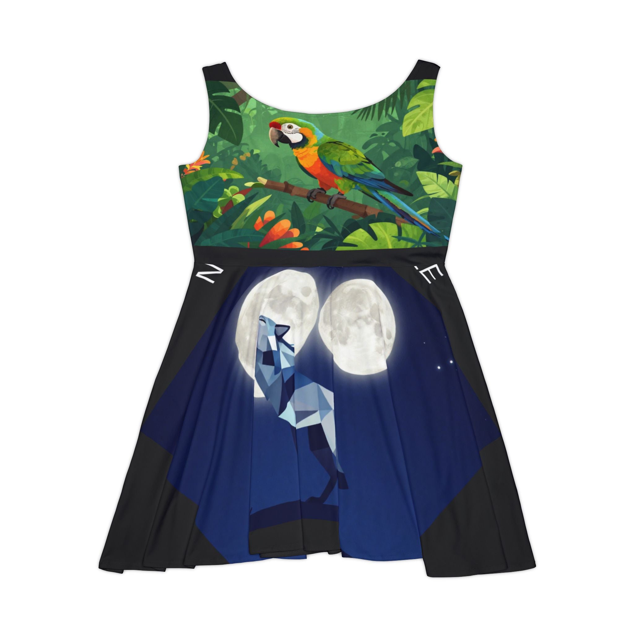 Skater Dress — Mystical Nature Print (Deer, Parrot & Galaxy Artwork)