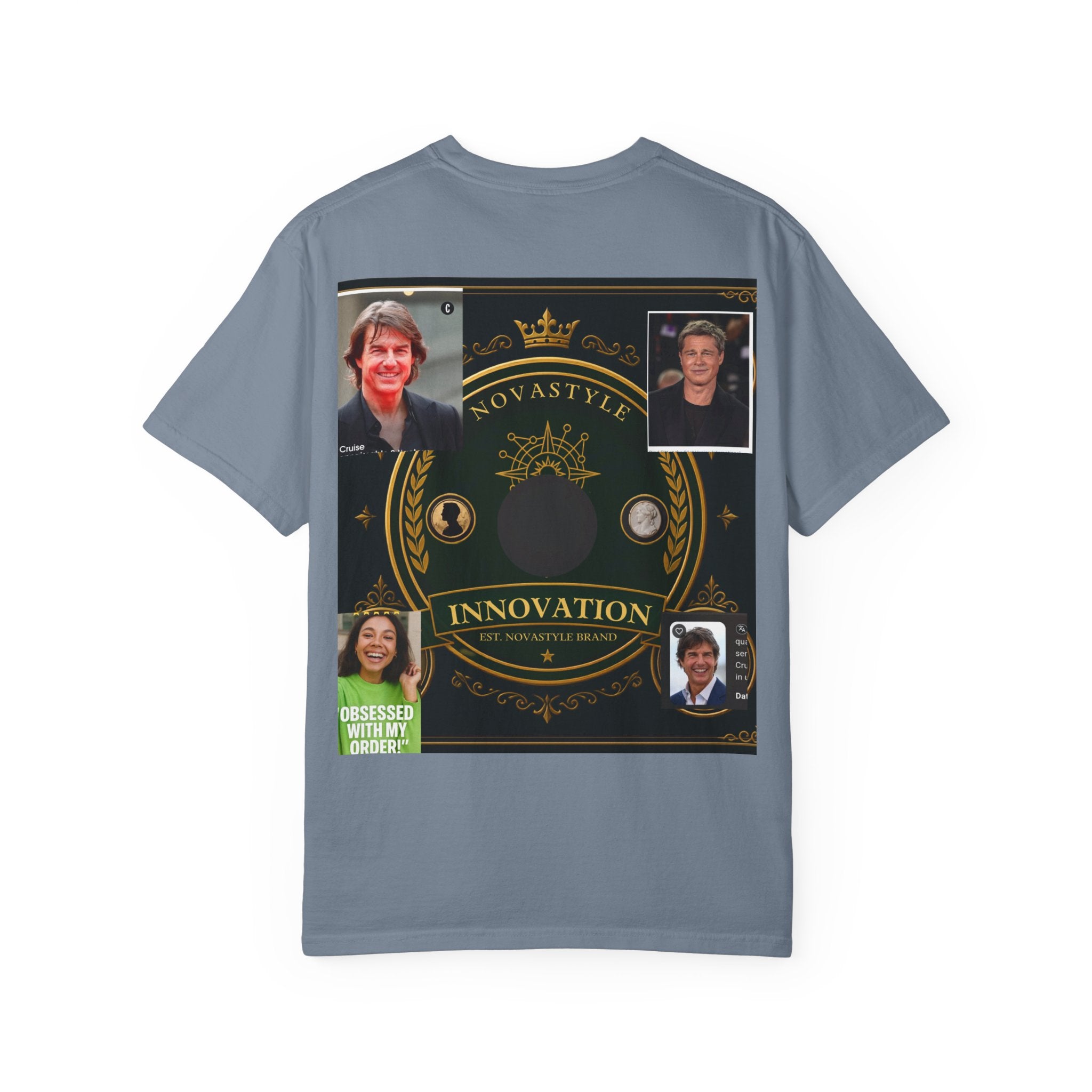 Innovation Crest T-Shirt — Vintage Emblem Tee with Portrait Collage