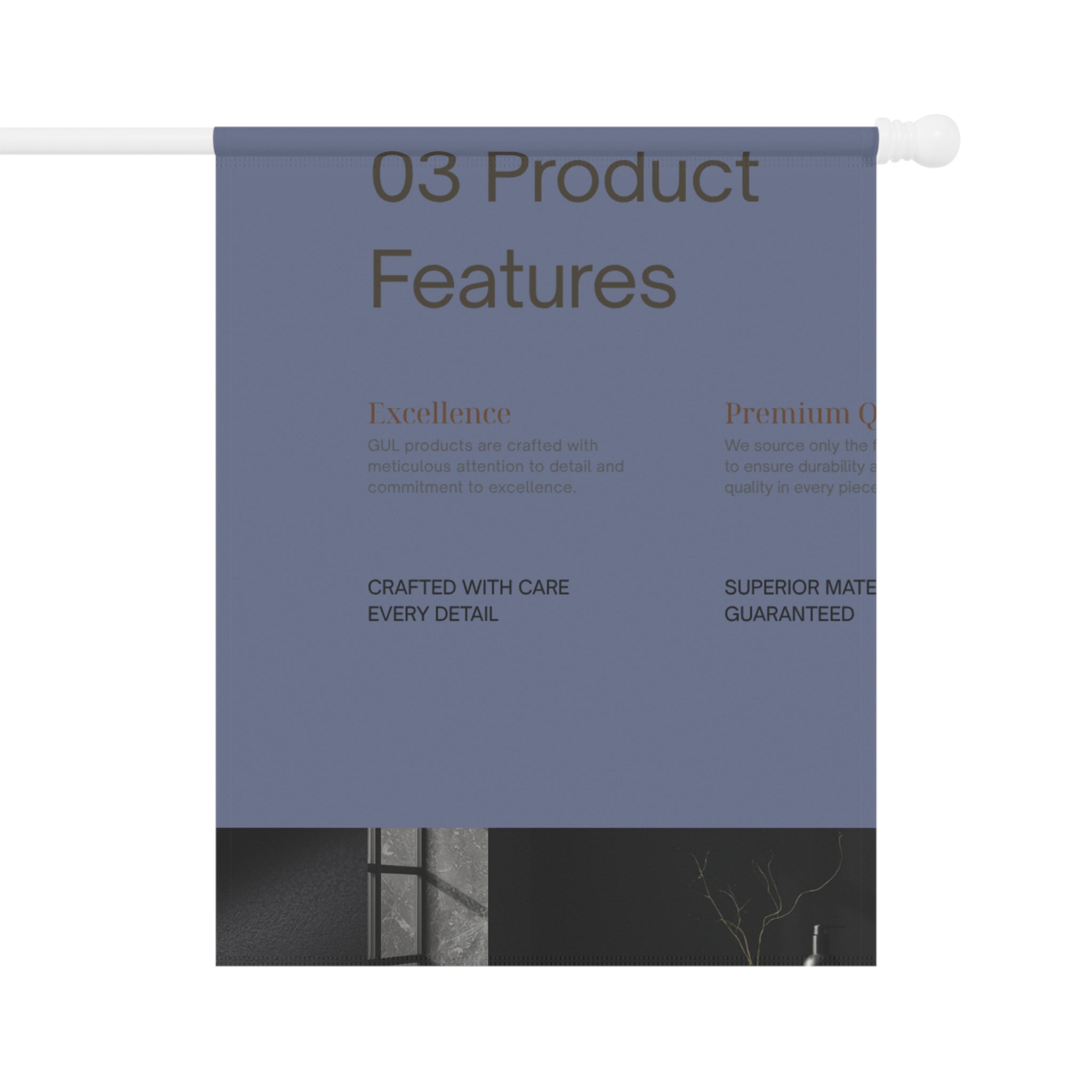 Garden Flag — Minimalist "03 Product Features" Decorative Garden & House Banner