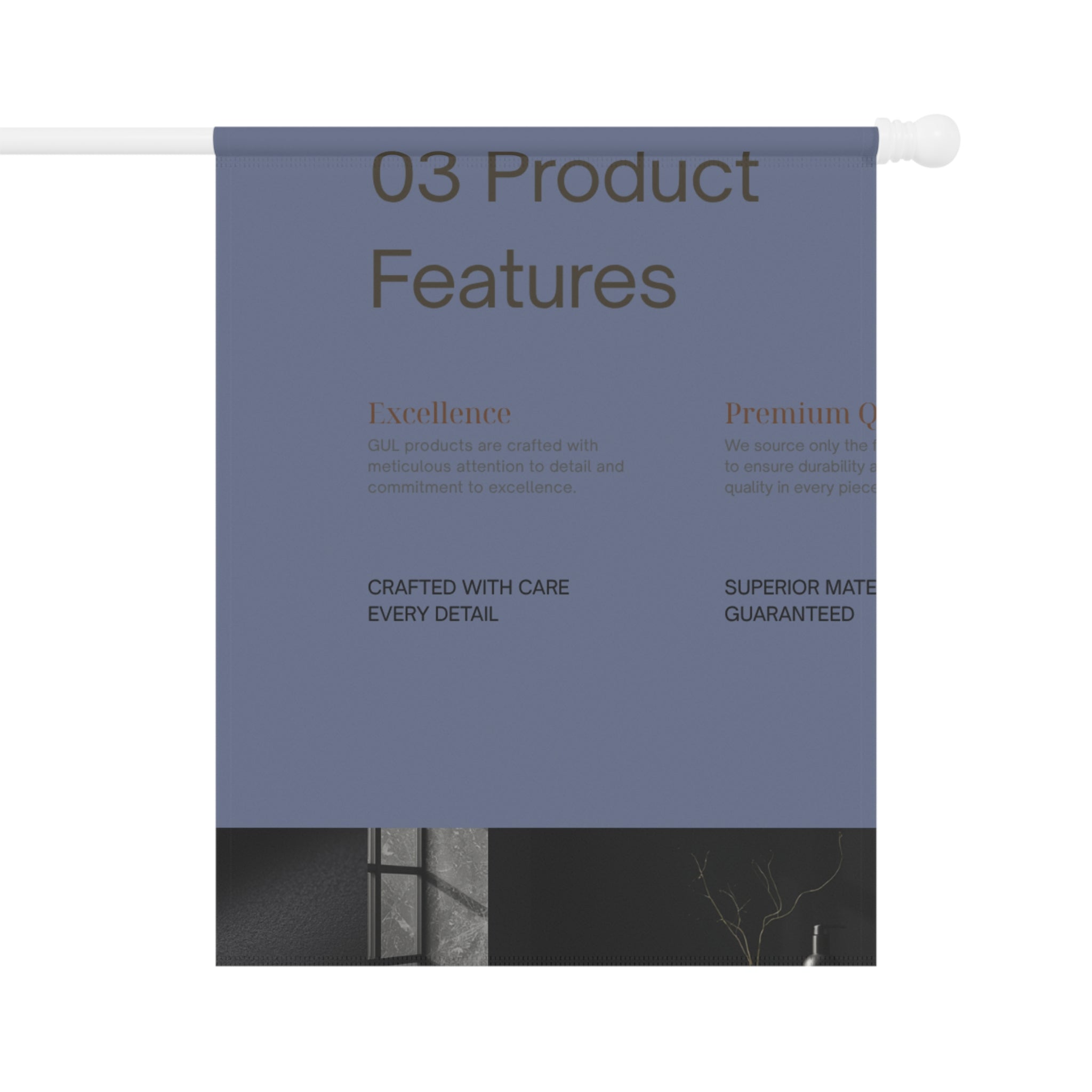 Garden Flag — Minimalist "03 Product Features" Decorative Garden & House Banner