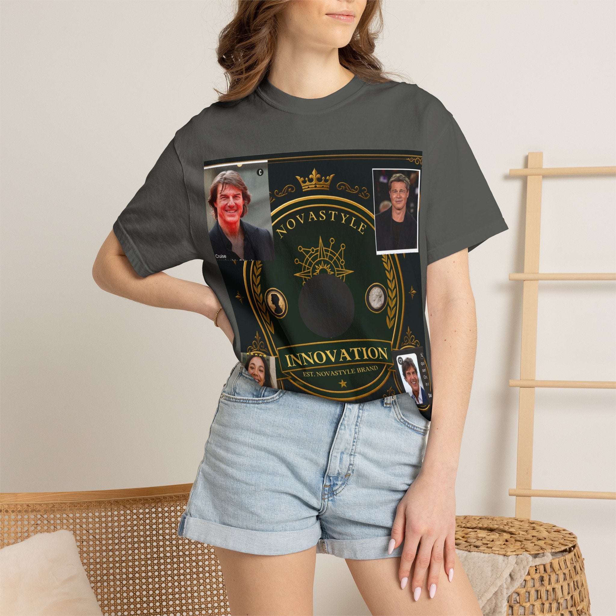 Innovation Crest T-Shirt — Vintage Emblem Tee with Portrait Collage
