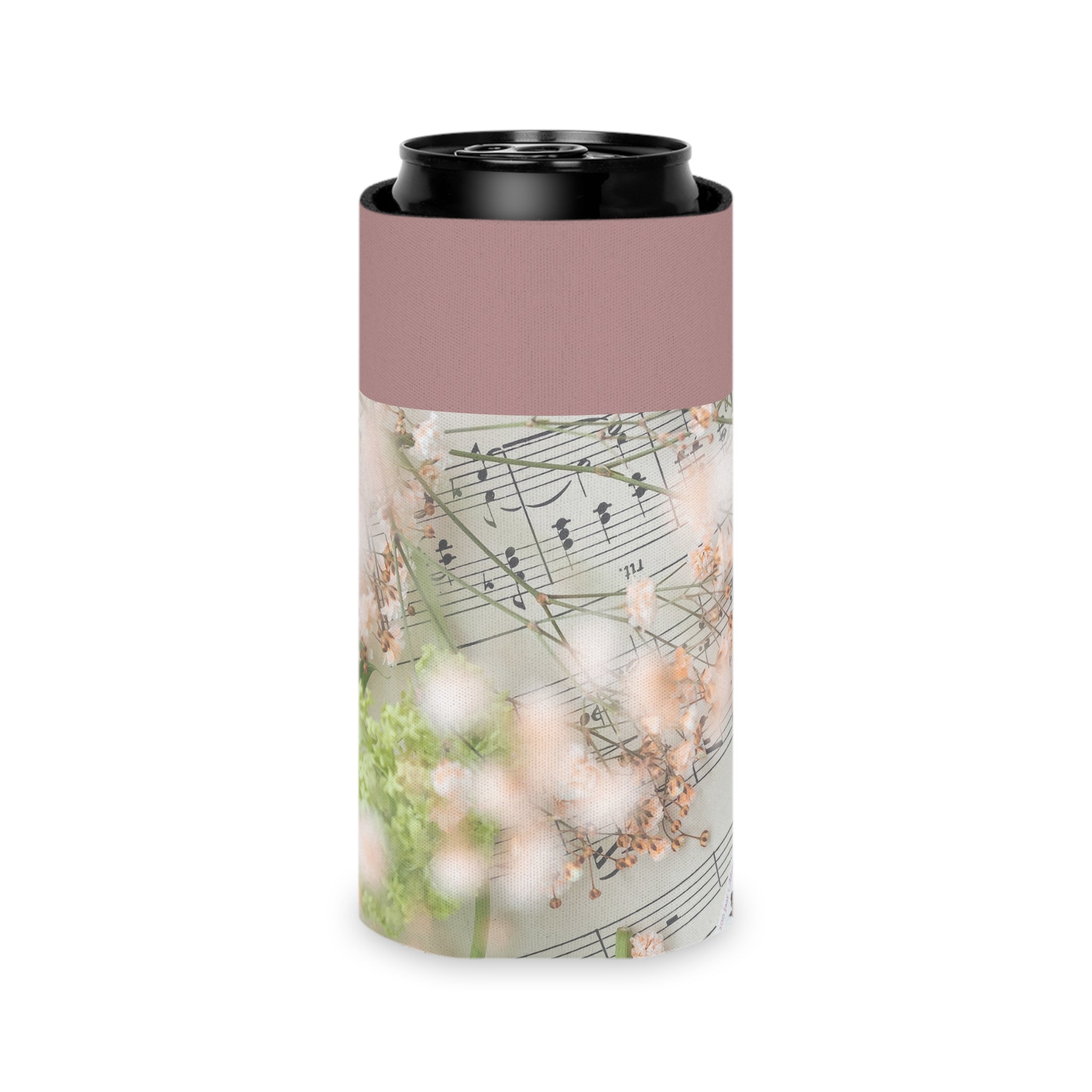 Floral Sheet Music Can Cooler — Vintage Botanical Drink Koozie
