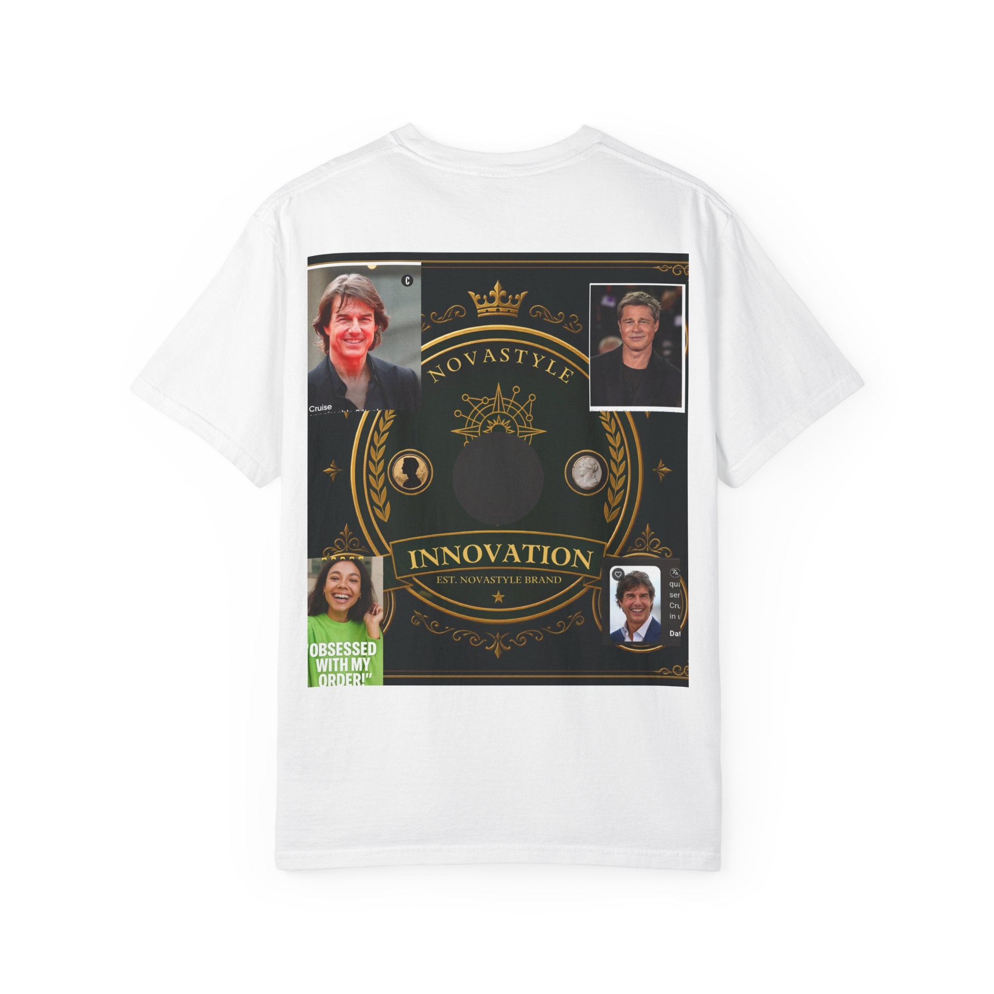 Innovation Crest T-Shirt — Vintage Emblem Tee with Portrait Collage