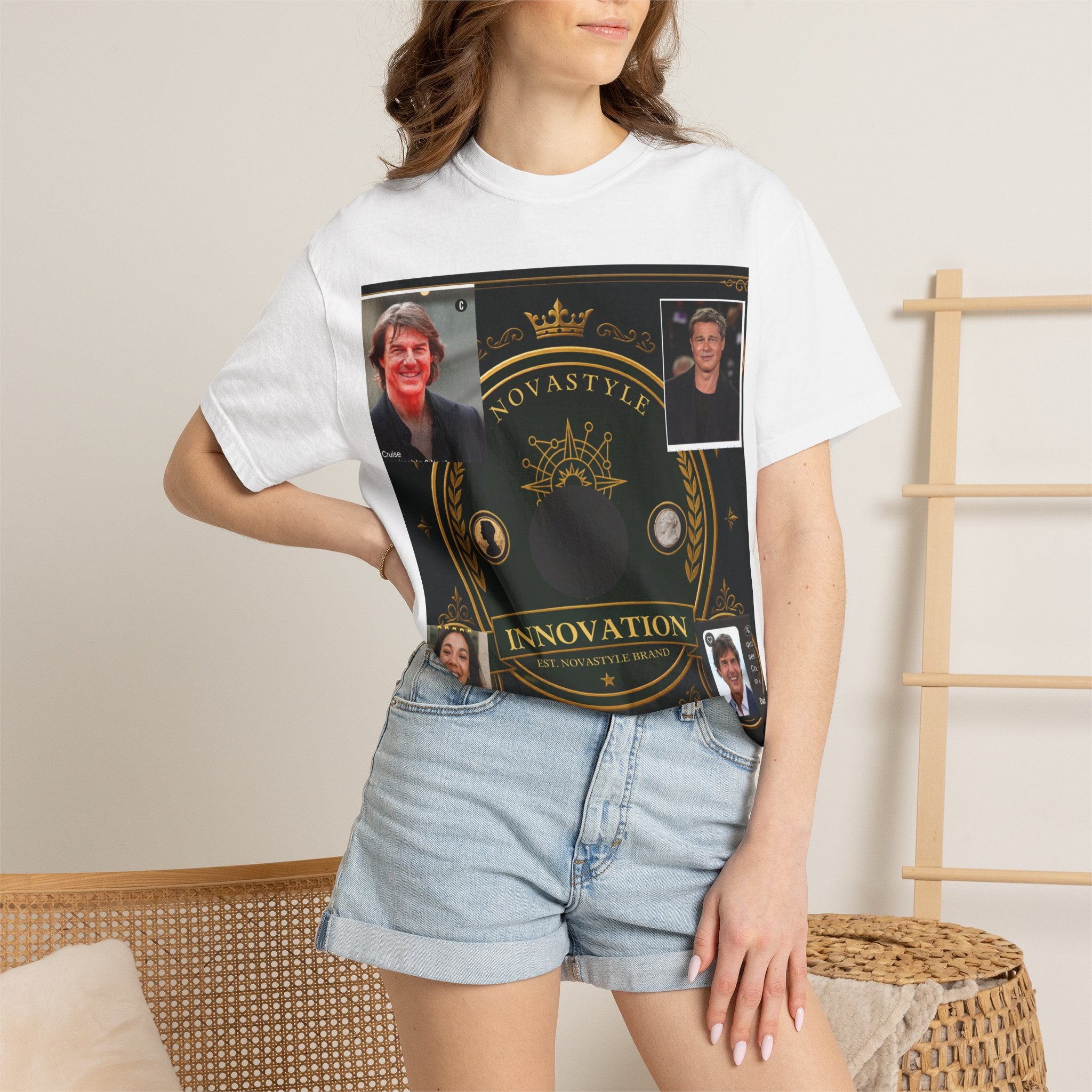 Innovation Crest T-Shirt — Vintage Emblem Tee with Portrait Collage