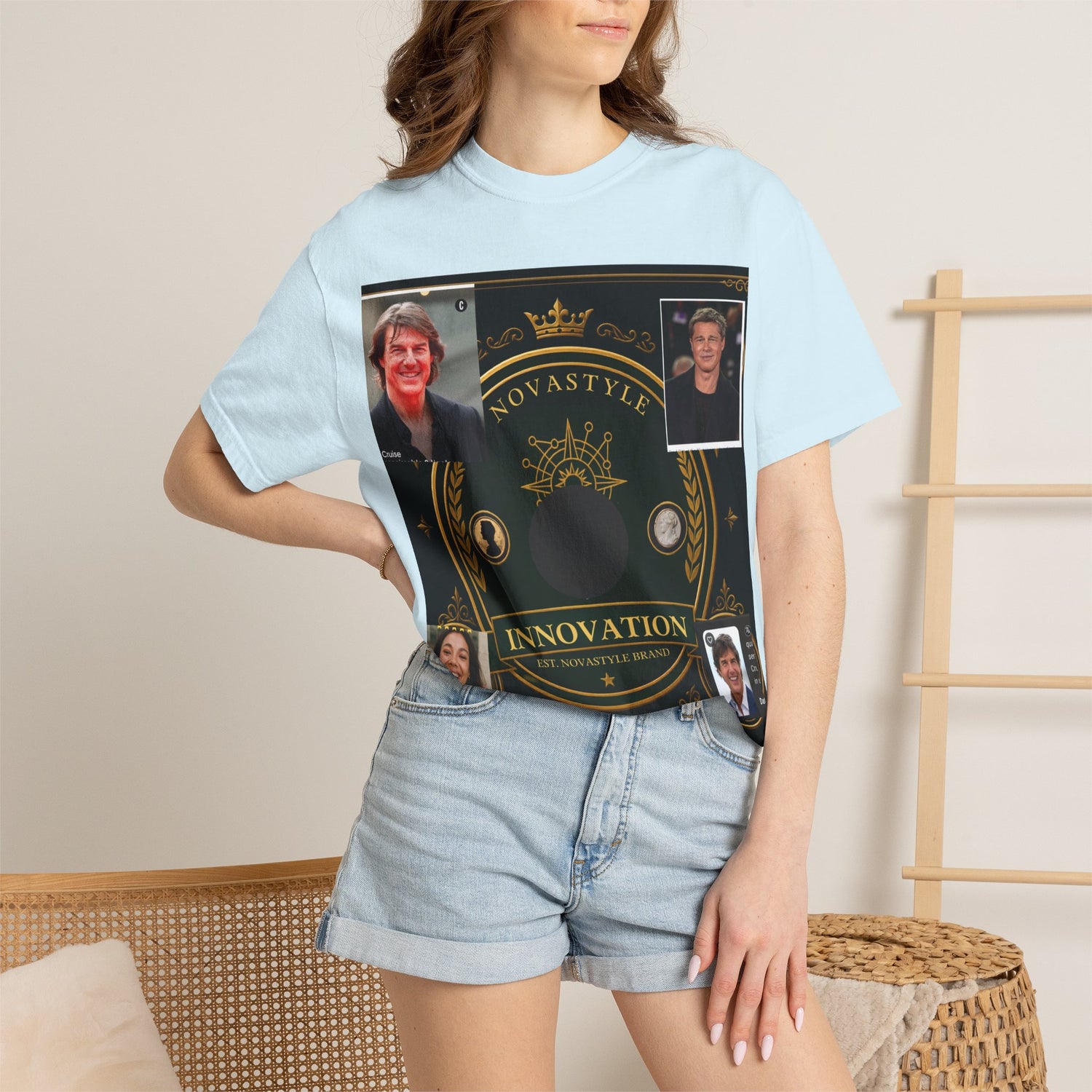 Innovation Crest T-Shirt — Vintage Emblem Tee with Portrait Collage