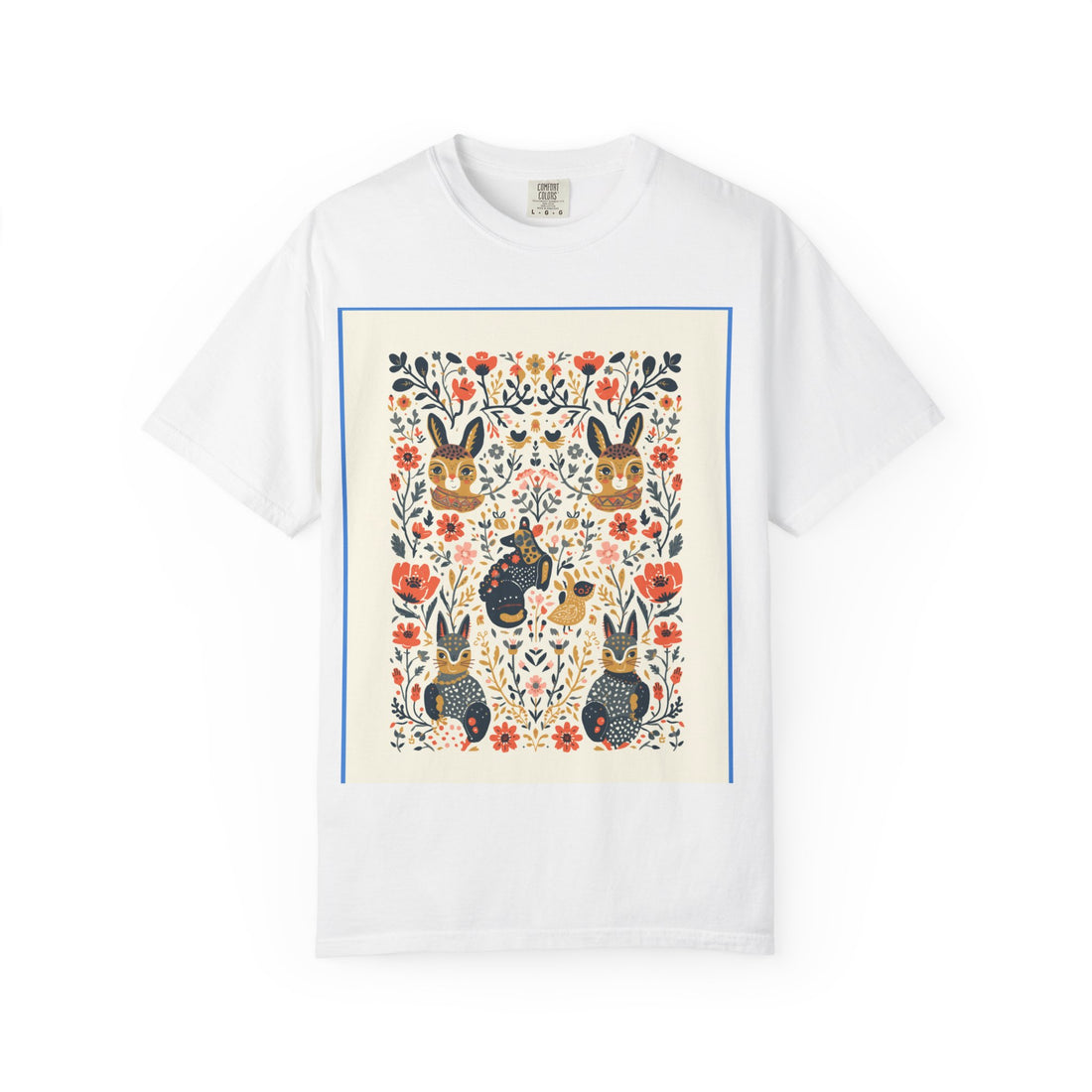 Folk Bunny Floral T-Shirt — Whimsical Cottagecore Graphic Tee