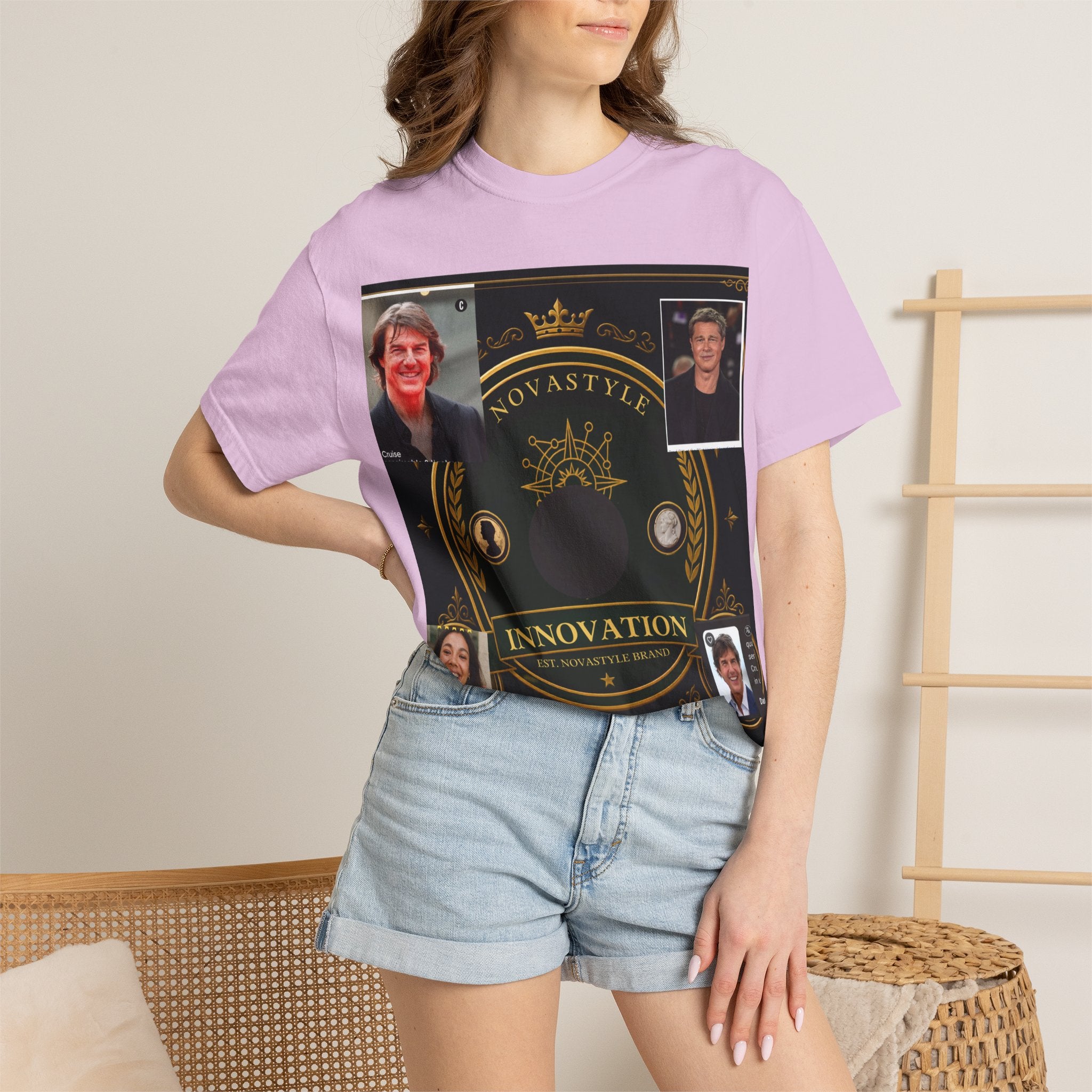 Innovation Crest T-Shirt — Vintage Emblem Tee with Portrait Collage