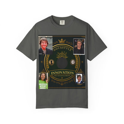 Innovation Crest T-Shirt — Vintage Emblem Tee with Portrait Collage