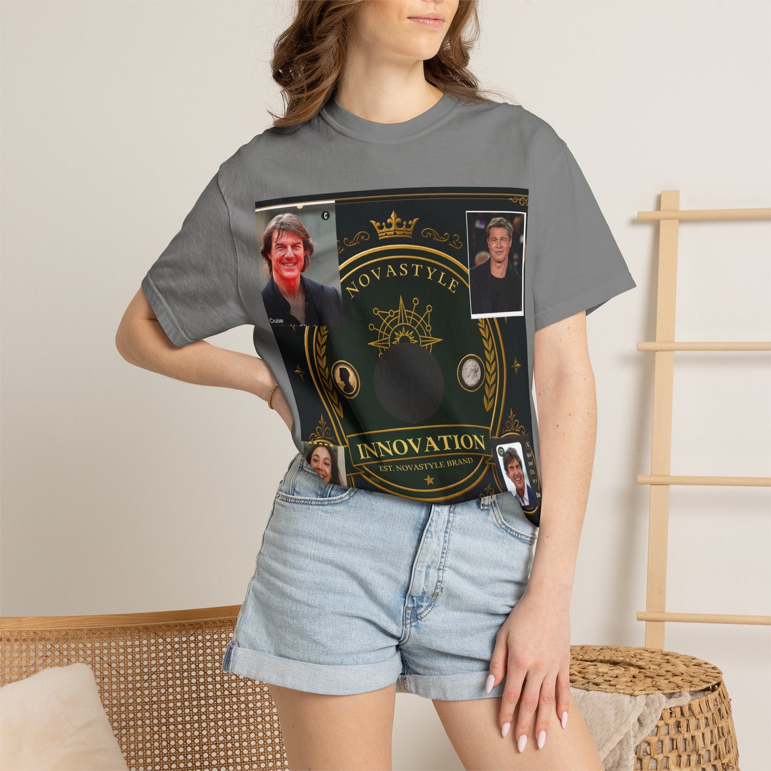 Innovation Crest T-Shirt — Vintage Emblem Tee with Portrait Collage