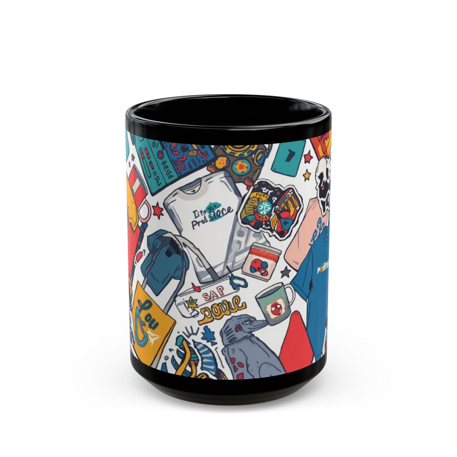 Sticker Collage Black Mug — Colorful Pop Art Coffee Cup (11oz/15oz)