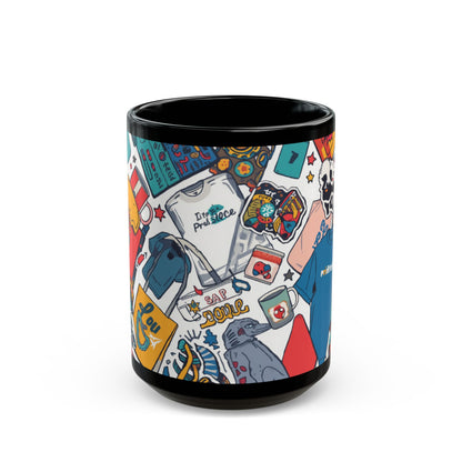 Sticker Collage Black Mug — Colorful Pop Art Coffee Cup (11oz/15oz)