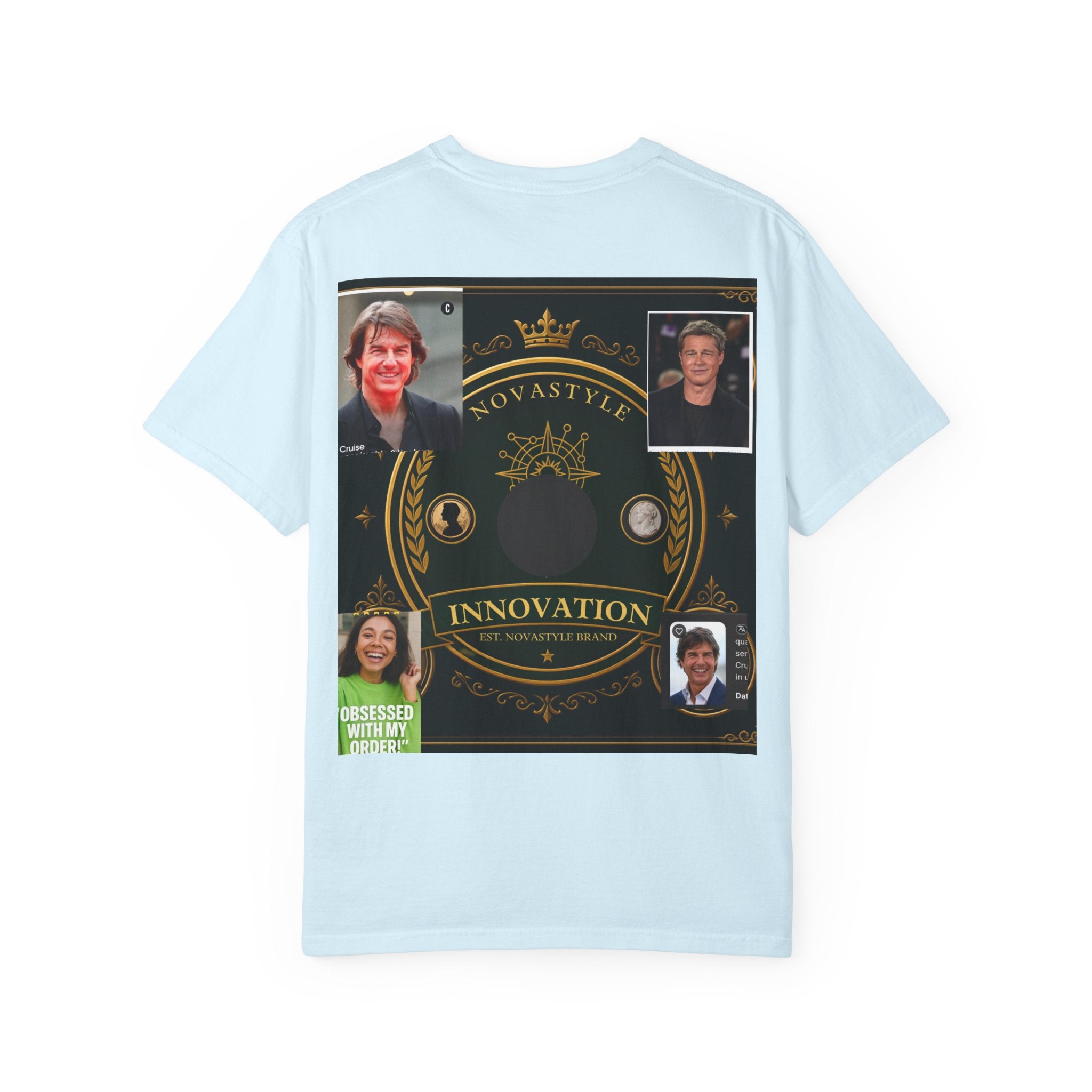 Innovation Crest T-Shirt — Vintage Emblem Tee with Portrait Collage
