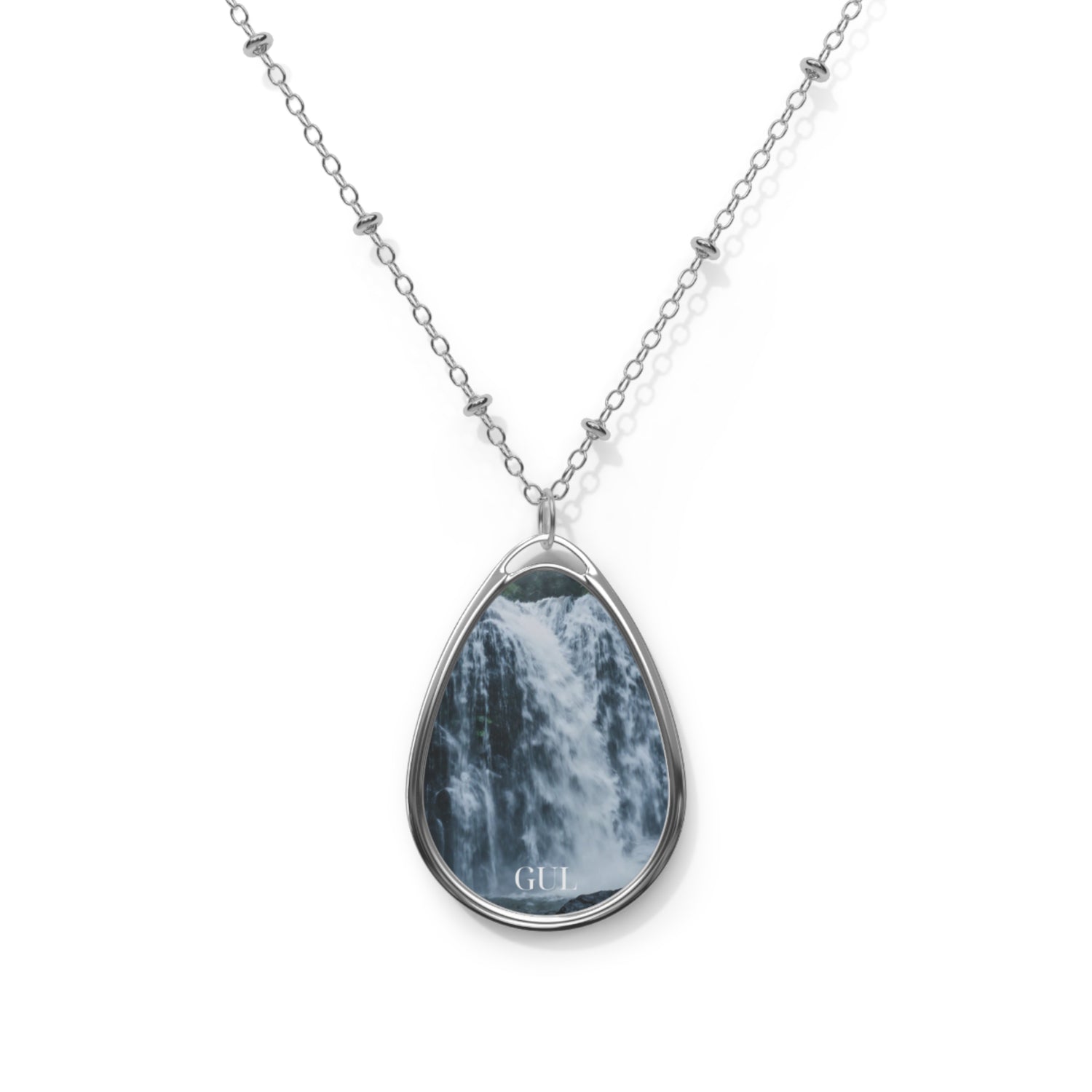 Oval Waterfall Necklace — Teardrop Pendant with Waterfall Photo Insert