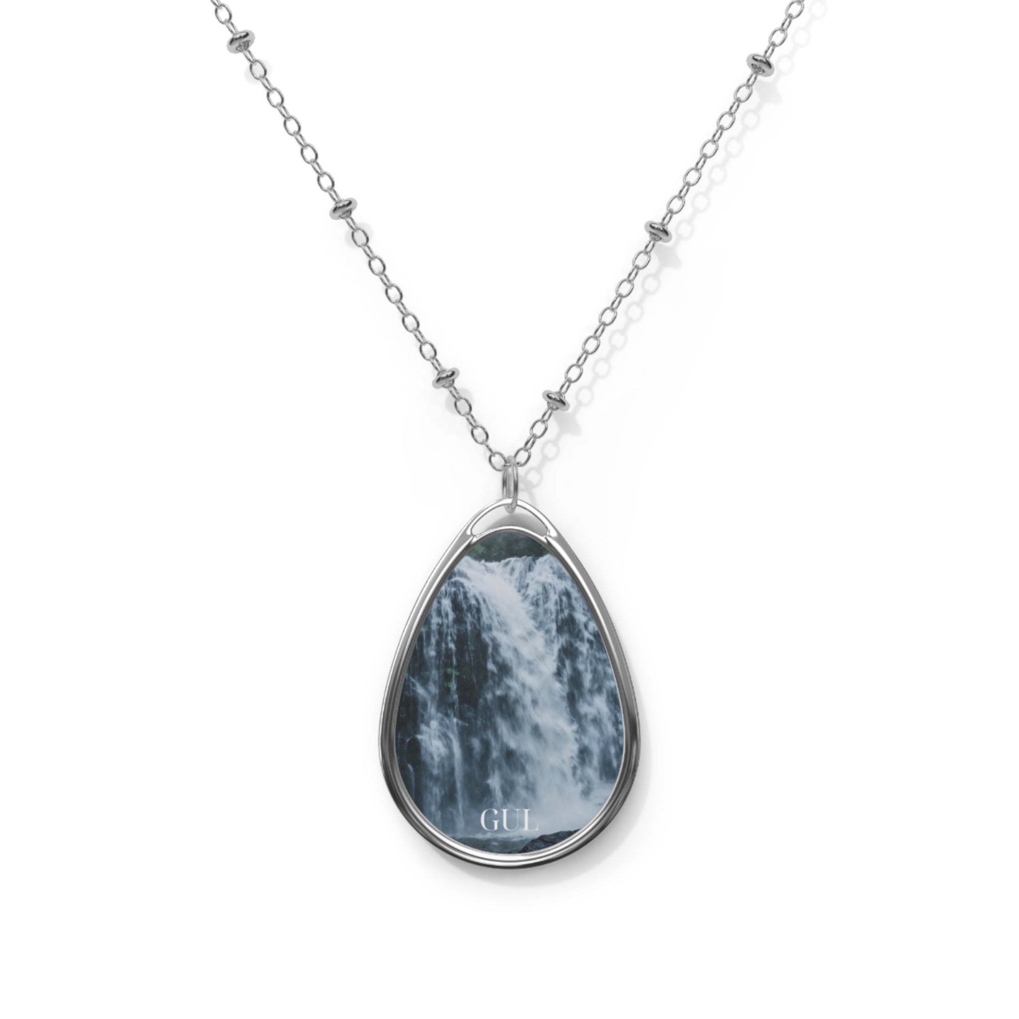 Oval Waterfall Necklace — Teardrop Pendant with Waterfall Photo Insert