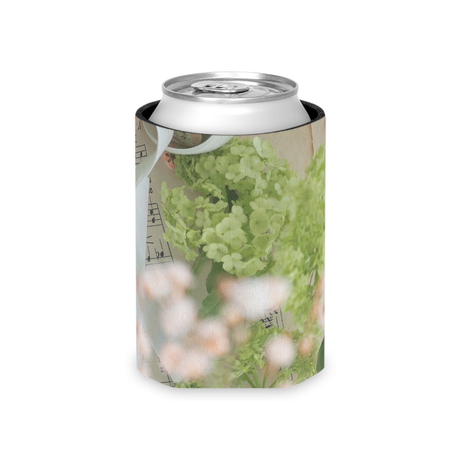 Floral Sheet Music Can Cooler — Vintage Botanical Drink Koozie