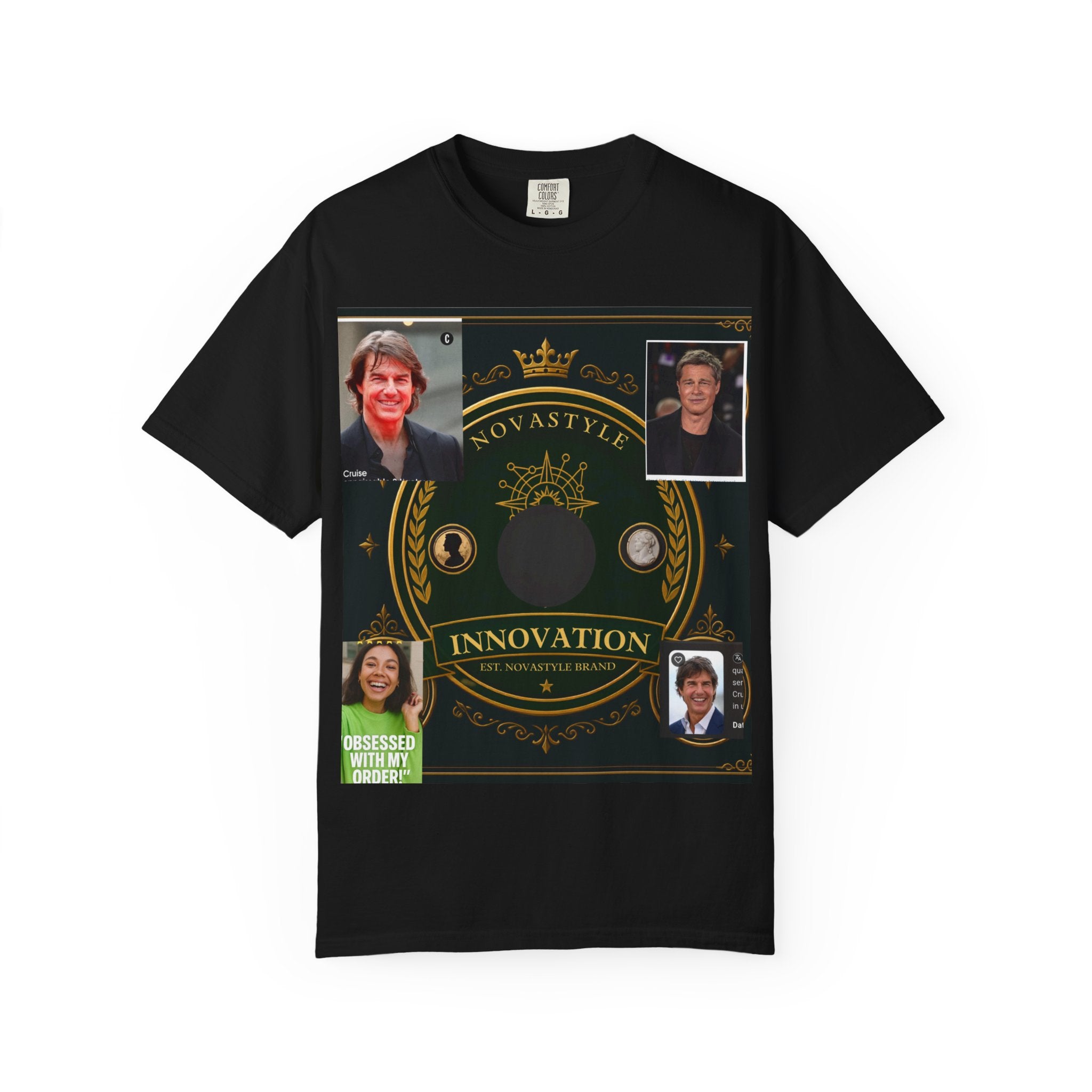 Innovation Crest T-Shirt — Vintage Emblem Tee with Portrait Collage