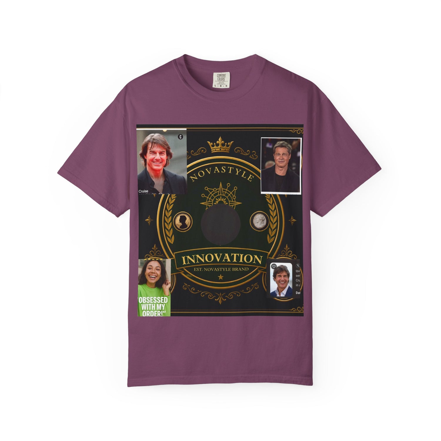 Innovation Crest T-Shirt — Vintage Emblem Tee with Portrait Collage