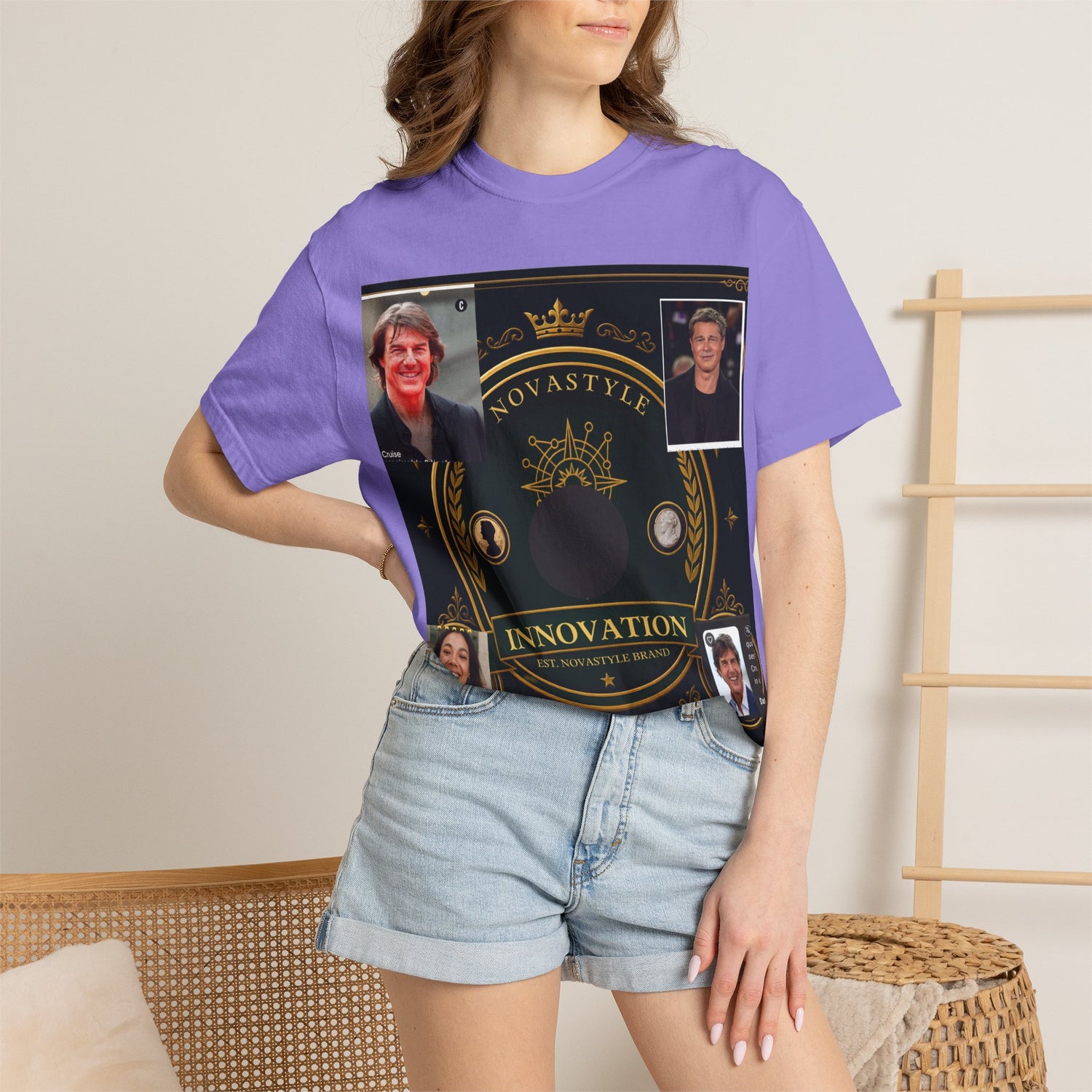 Innovation Crest T-Shirt — Vintage Emblem Tee with Portrait Collage