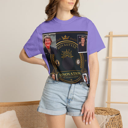Innovation Crest T-Shirt — Vintage Emblem Tee with Portrait Collage