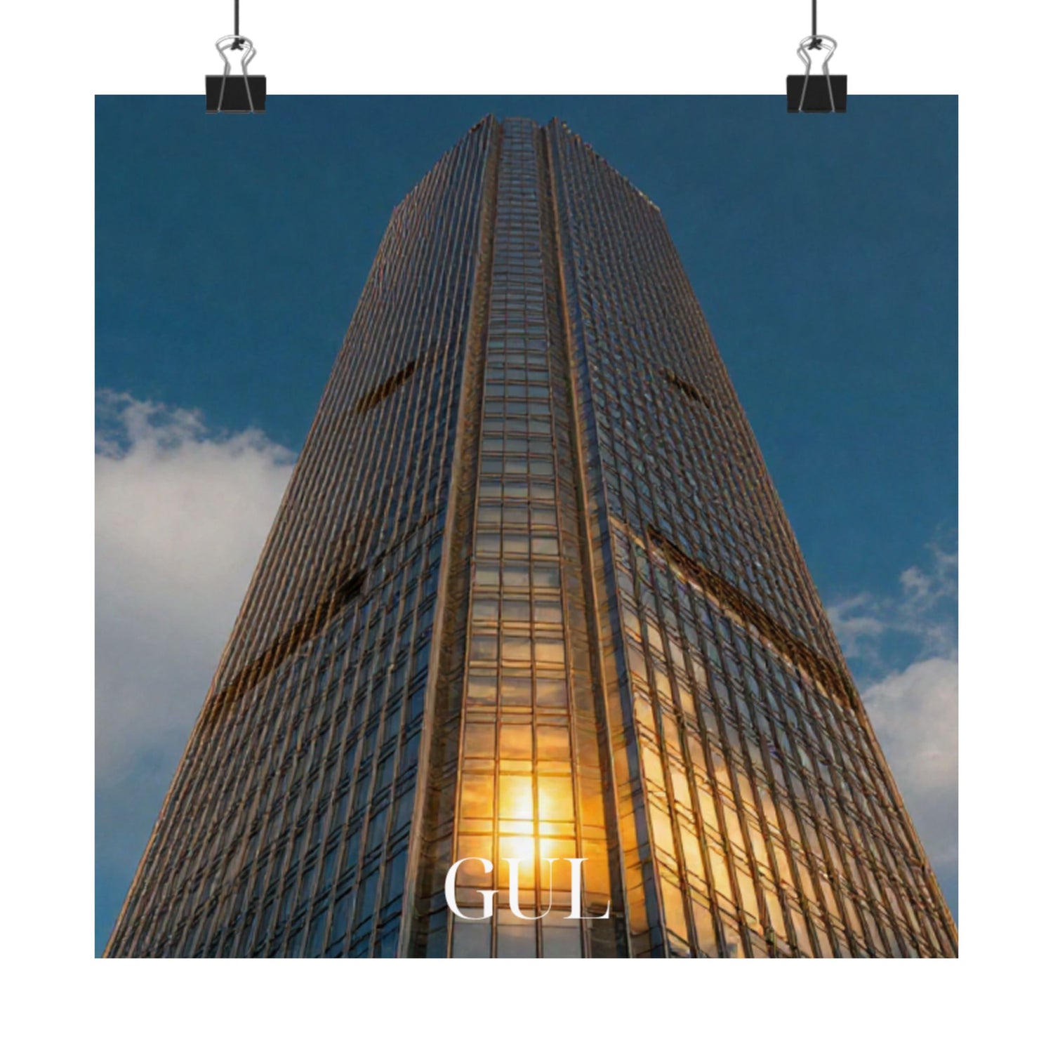 Skyscraper Sunset Matte Vertical Poster — Modern Architectural Wall Art ("GLL" Accent)