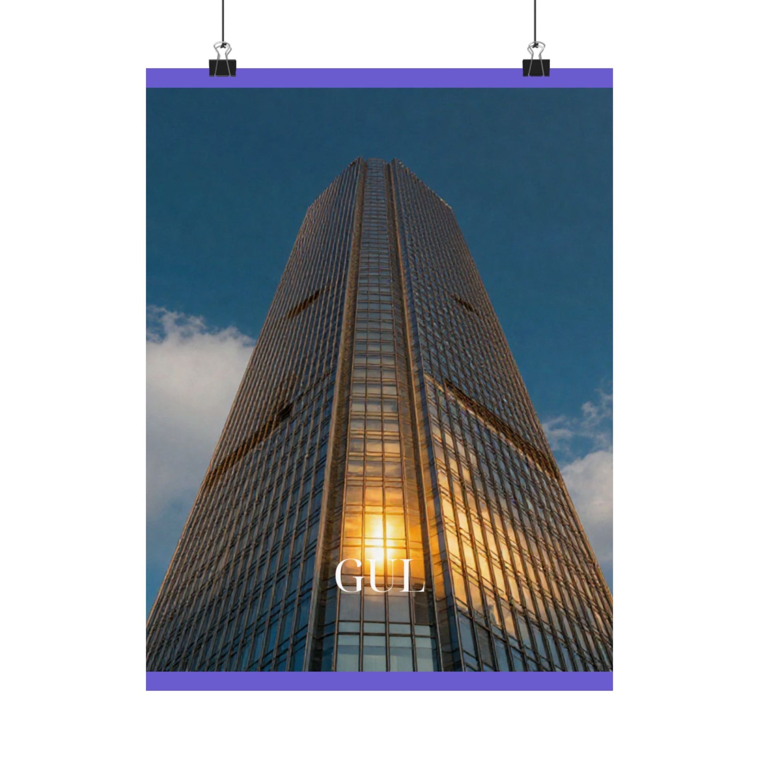 Skyscraper Sunset Matte Vertical Poster — Modern Architectural Wall Art ("GLL" Accent)