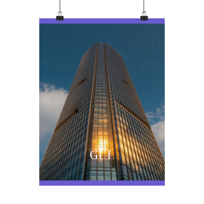 Skyscraper Sunset Matte Vertical Poster — Modern Architectural Wall Art ("GLL" Accent)
