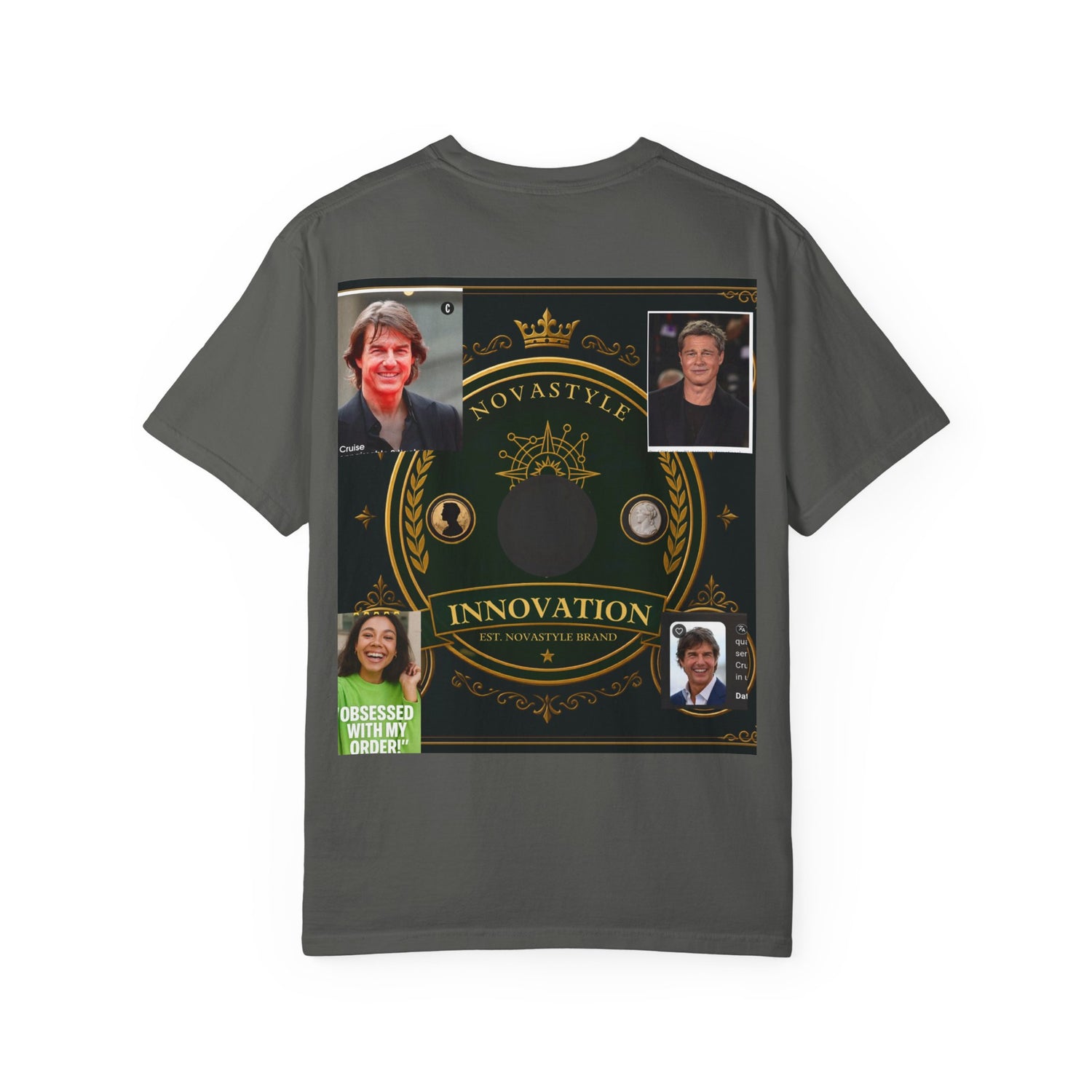 Innovation Crest T-Shirt — Vintage Emblem Tee with Portrait Collage