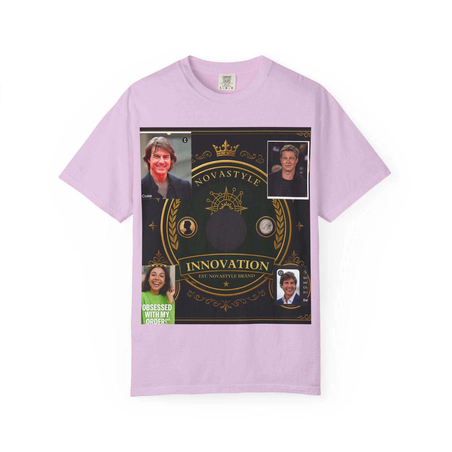 Innovation Crest T-Shirt — Vintage Emblem Tee with Portrait Collage