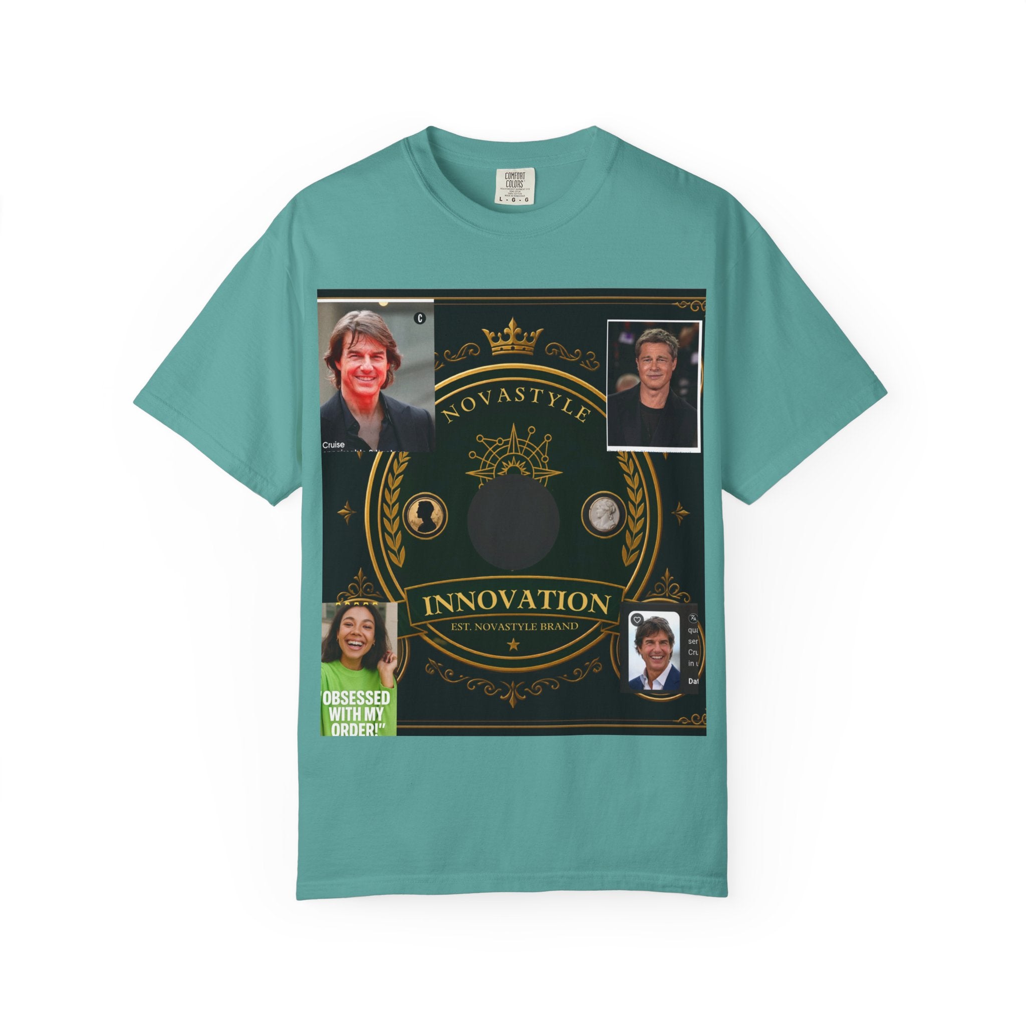 Innovation Crest T-Shirt — Vintage Emblem Tee with Portrait Collage