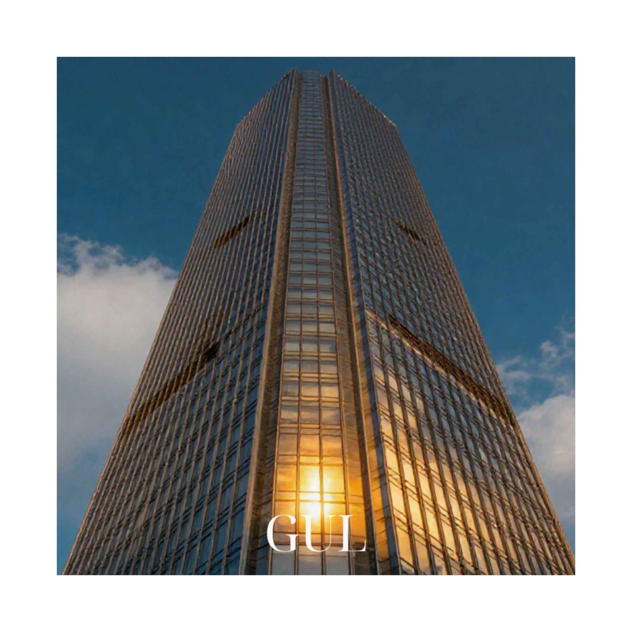 Skyscraper Sunset Matte Vertical Poster — Modern Architectural Wall Art ("GLL" Accent)