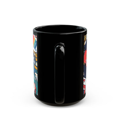 Sticker Collage Black Mug — Colorful Pop Art Coffee Cup (11oz/15oz)