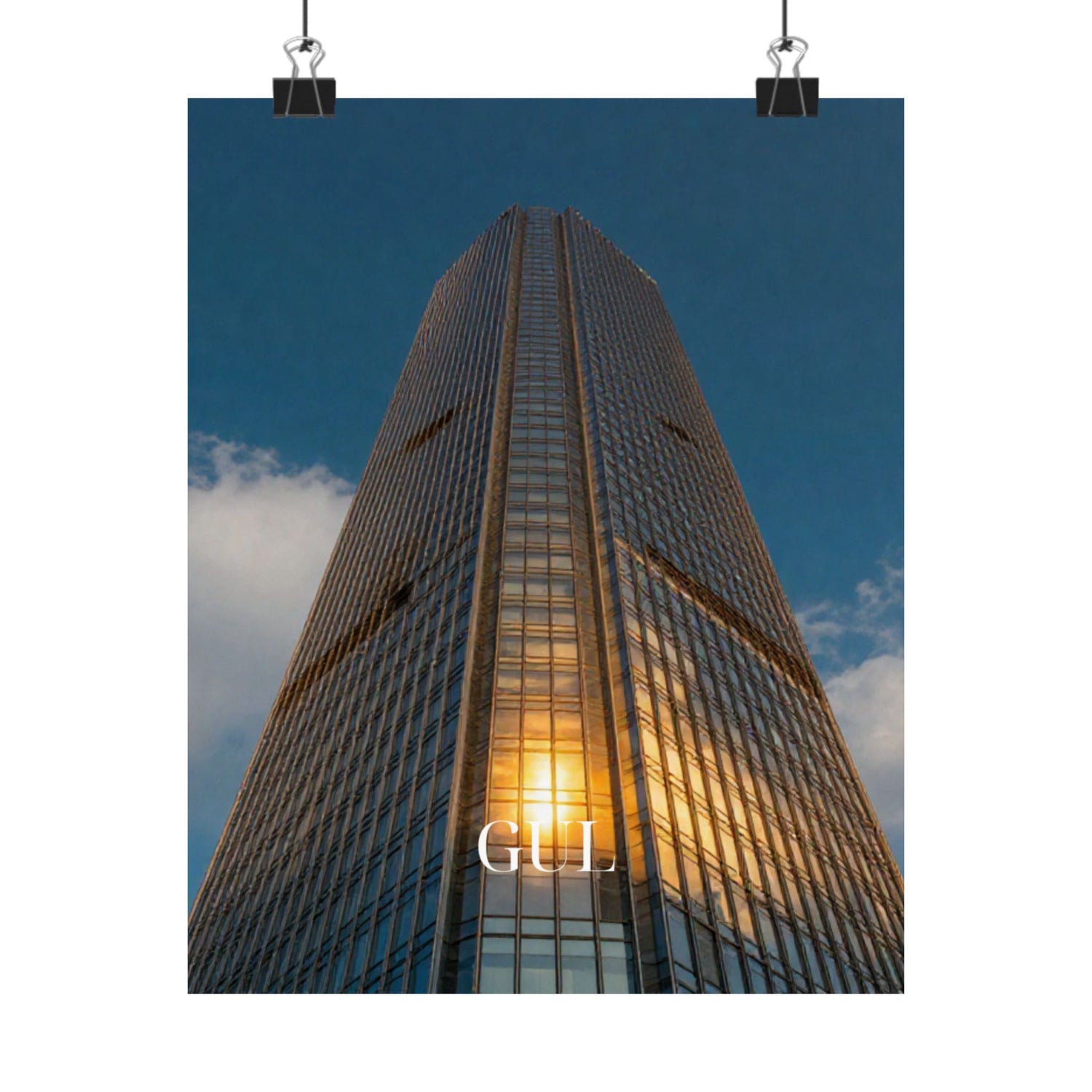 Skyscraper Sunset Matte Vertical Poster — Modern Architectural Wall Art ("GLL" Accent)