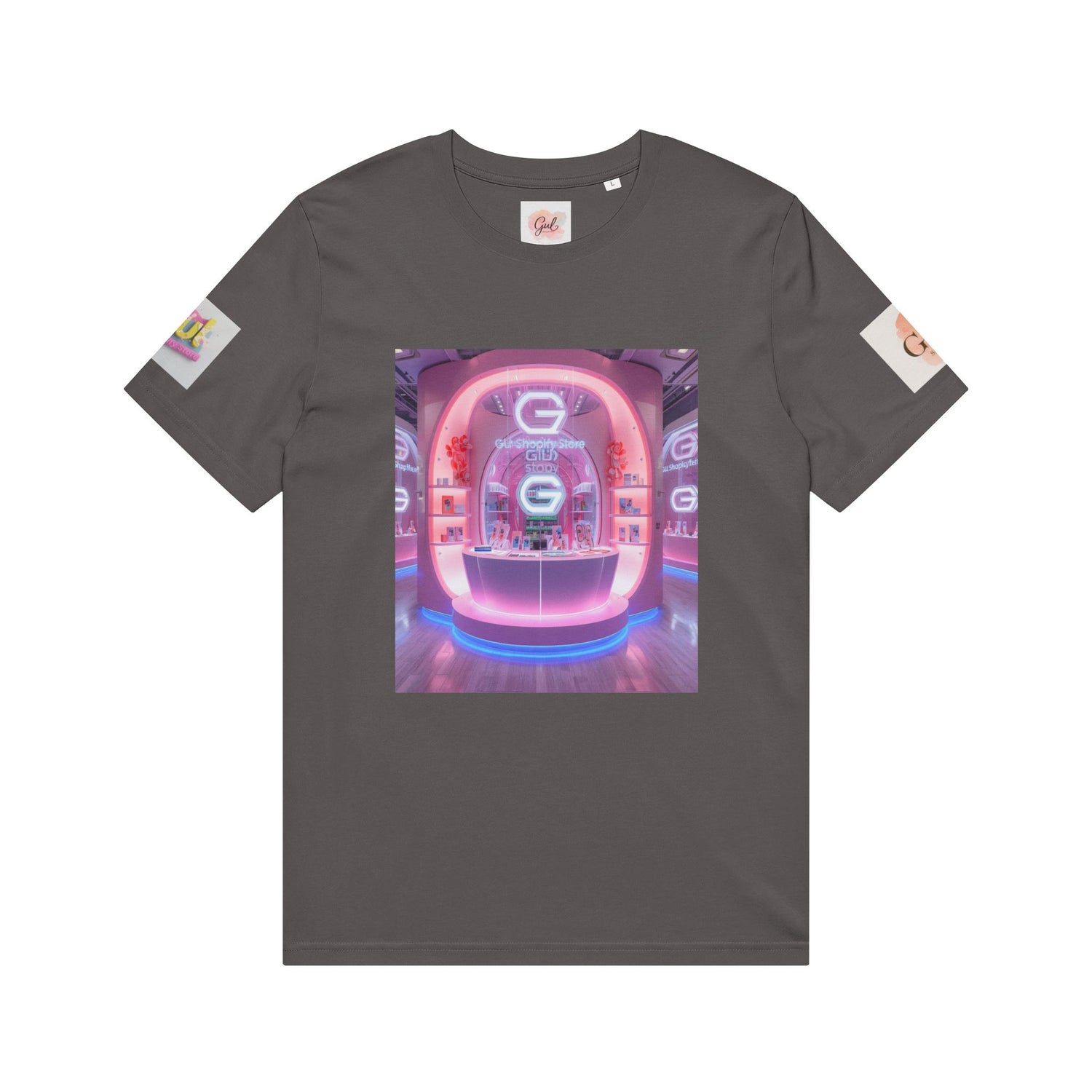 Neon Shop Icon T-Shirt — Colorful Gradient Shopping Bag Design