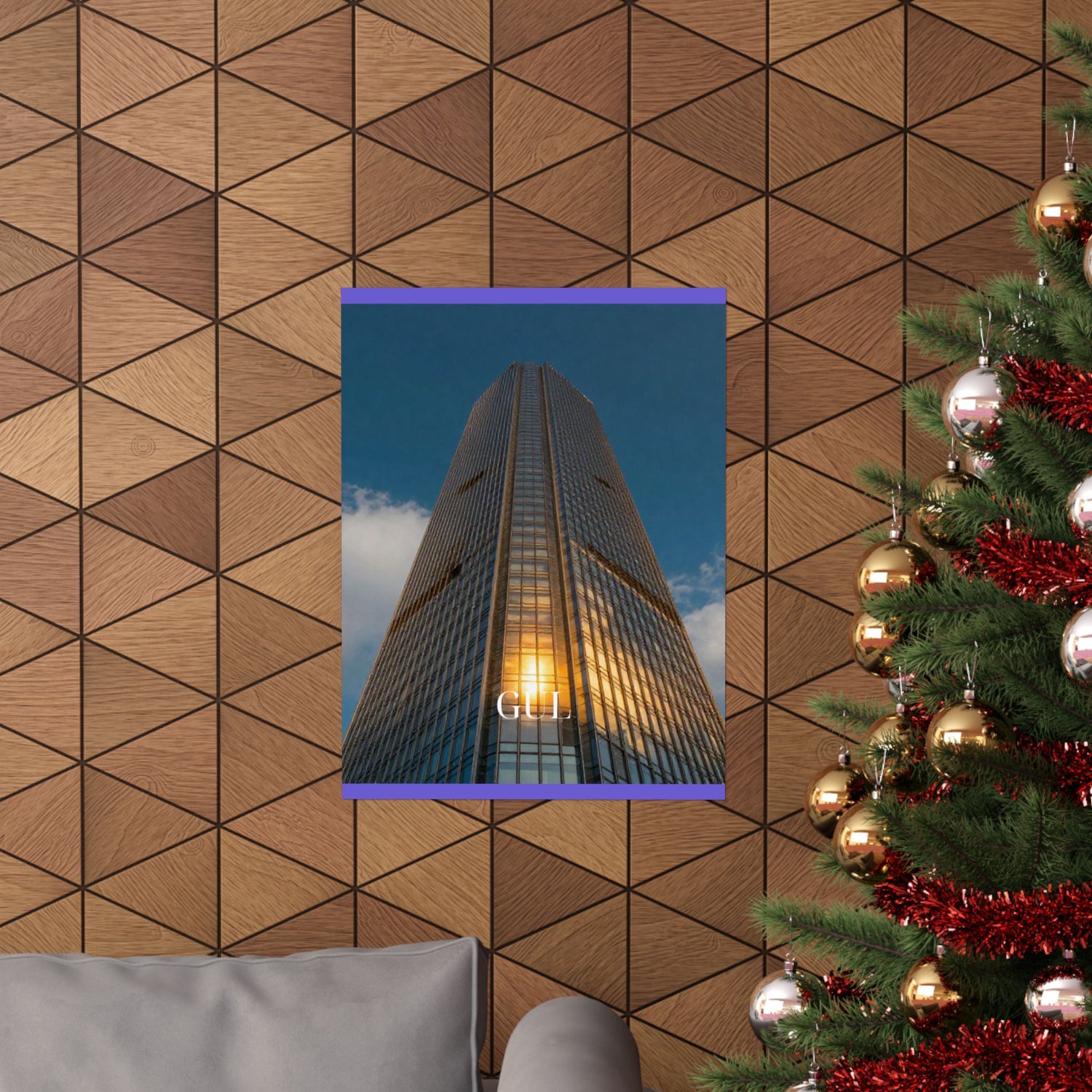 Skyscraper Sunset Matte Vertical Poster — Modern Architectural Wall Art ("GLL" Accent)