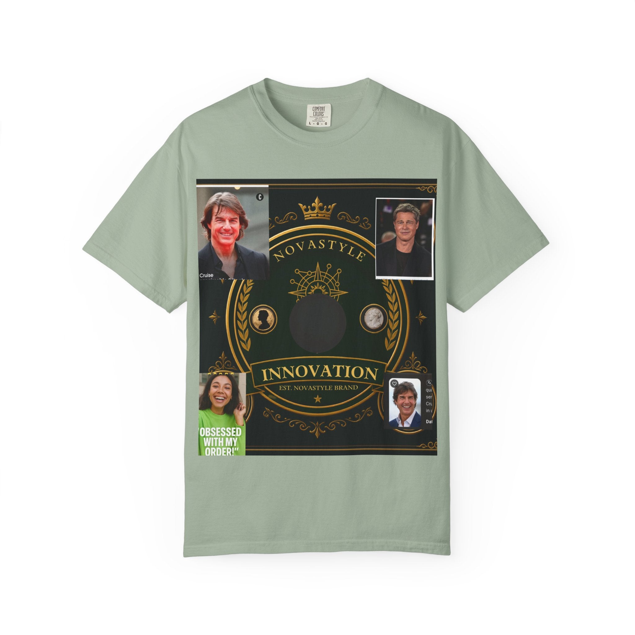 Innovation Crest T-Shirt — Vintage Emblem Tee with Portrait Collage