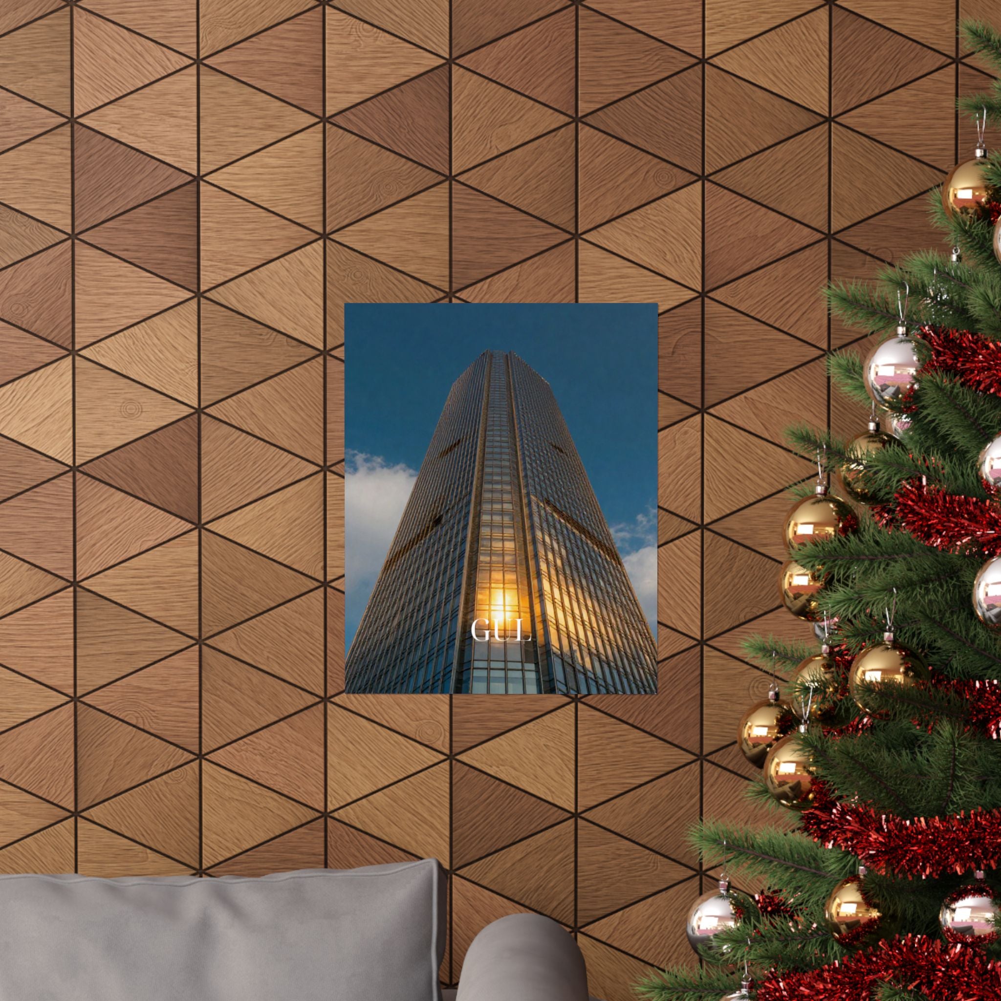 Skyscraper Sunset Matte Vertical Poster — Modern Architectural Wall Art ("GLL" Accent)