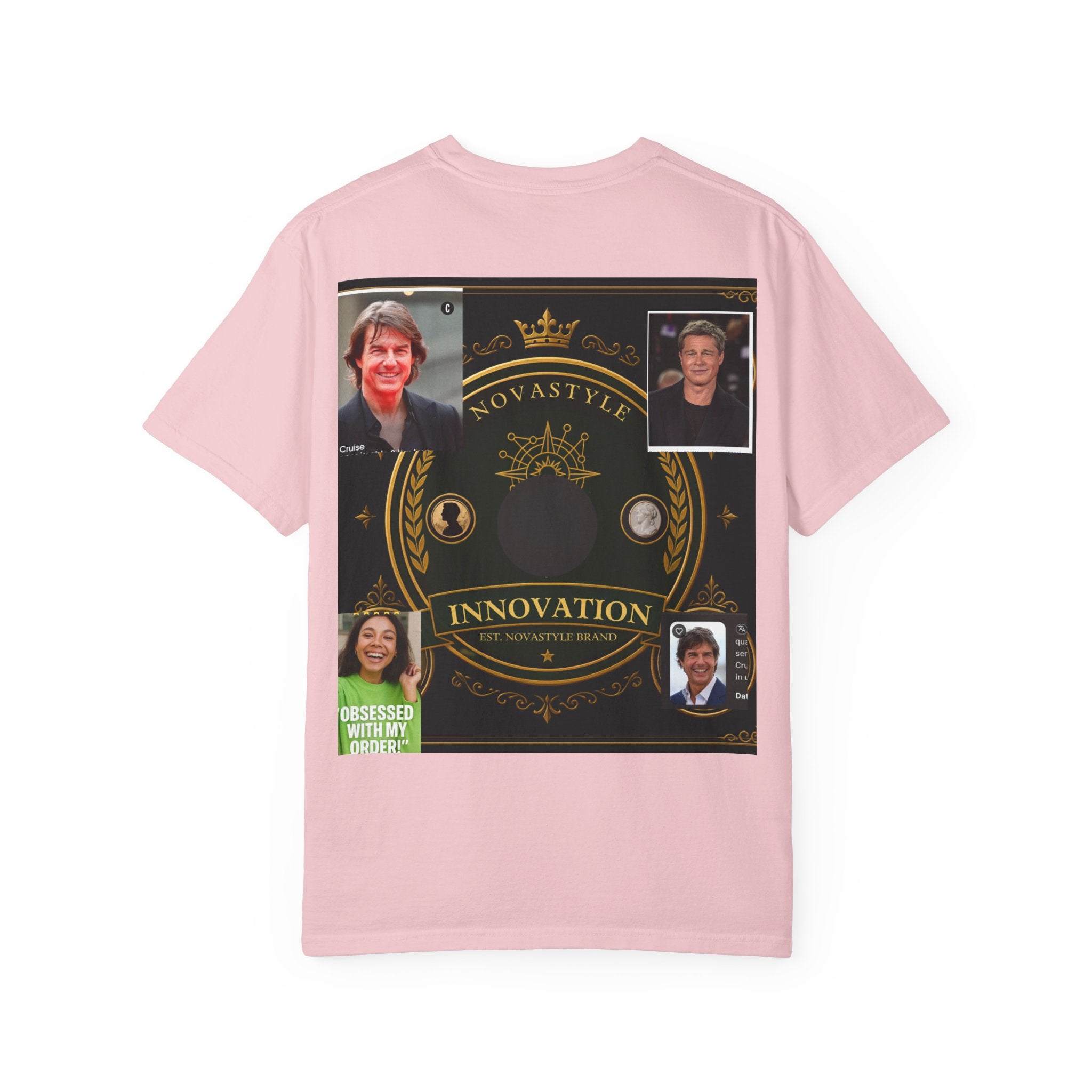 Innovation Crest T-Shirt — Vintage Emblem Tee with Portrait Collage