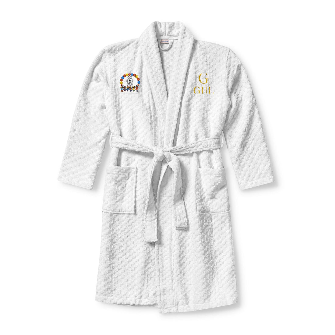 NovaStyle embroidered terry shawl-collar spa robe in white cotton with monogram detail