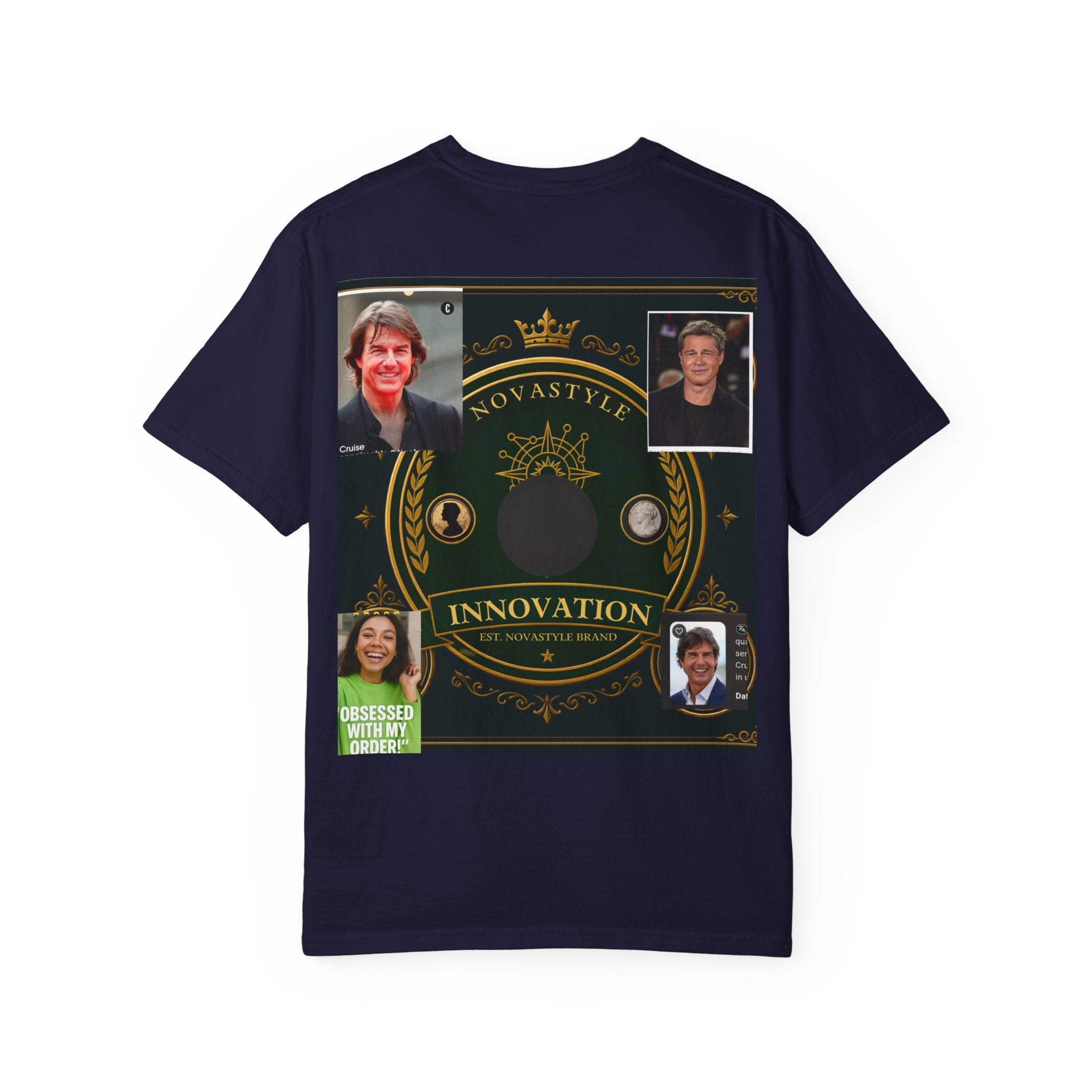 Innovation Crest T-Shirt — Vintage Emblem Tee with Portrait Collage