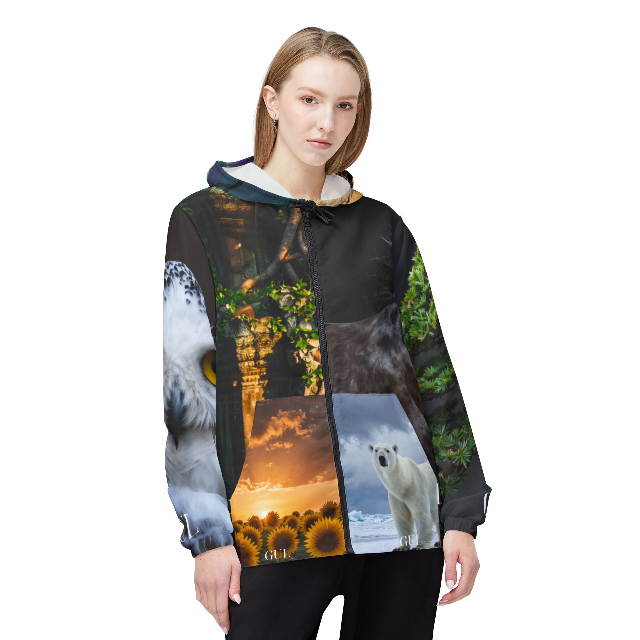 Nature Montage Windbreaker Jacket – Owl, Polar Bear &amp; Volcano All-Over Print