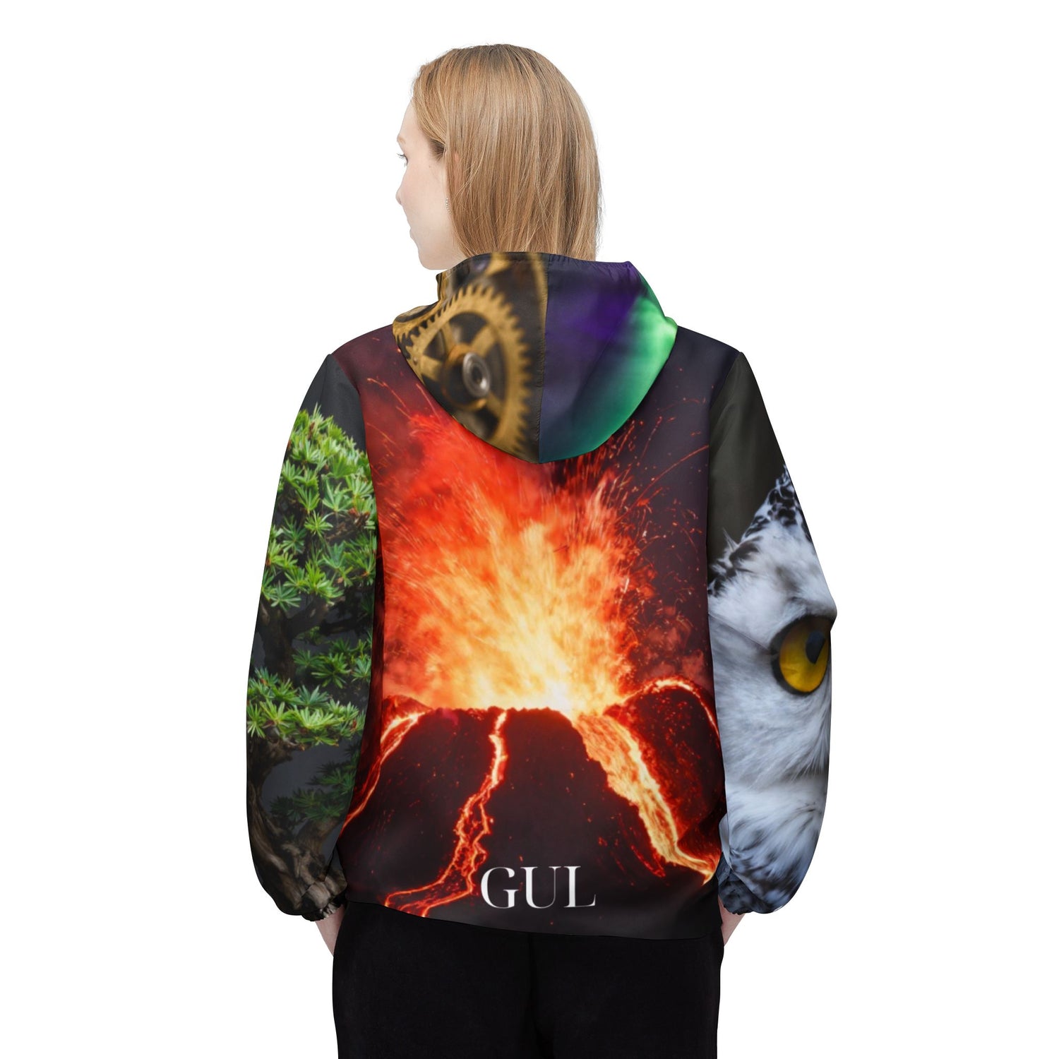 Nature Montage Windbreaker Jacket – Owl, Polar Bear &amp; Volcano All-Over Print