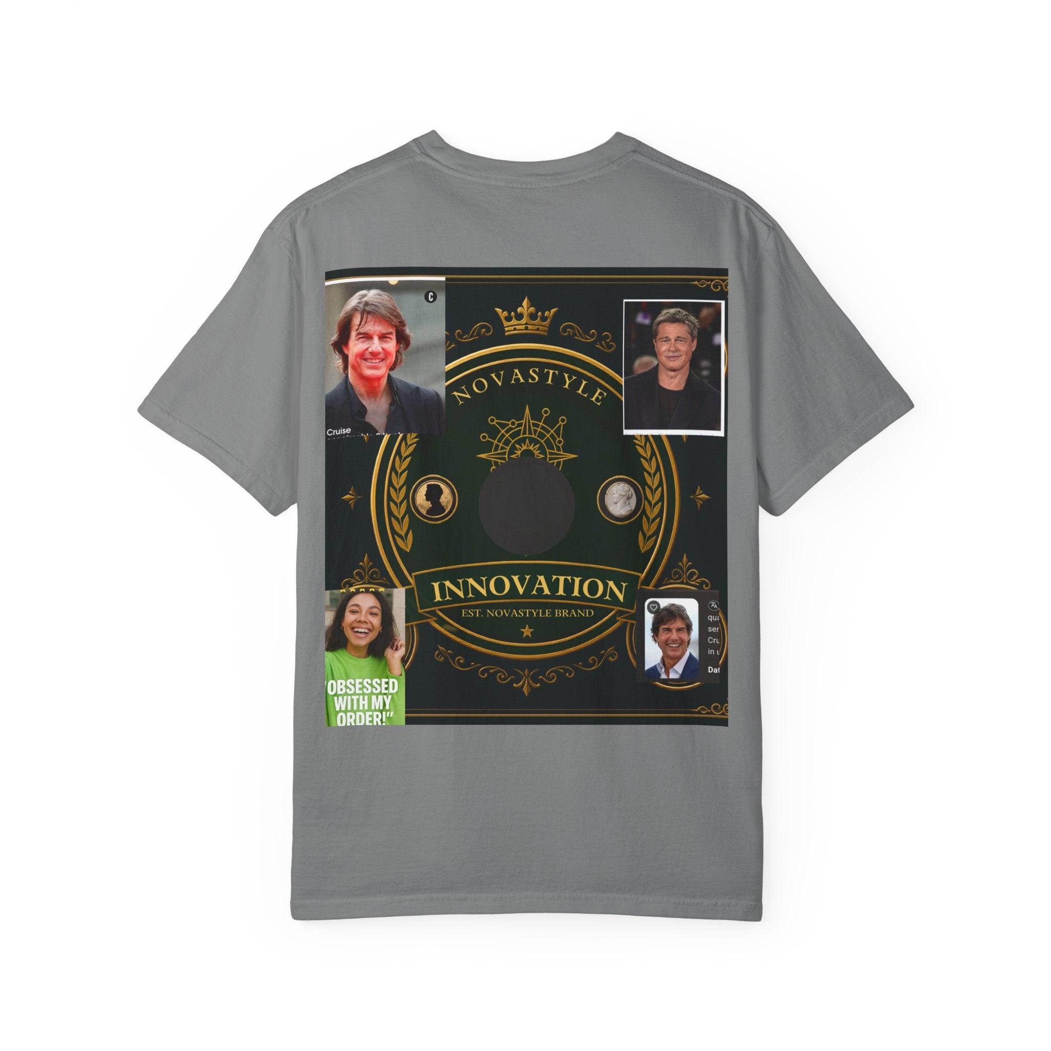 Innovation Crest T-Shirt — Vintage Emblem Tee with Portrait Collage